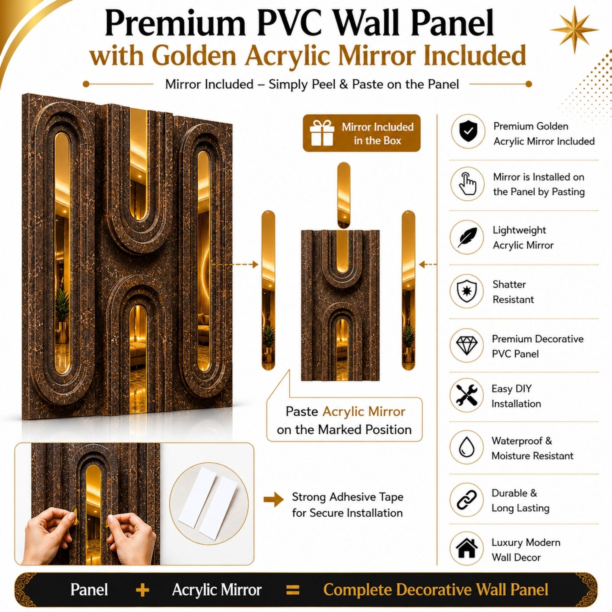 Oak Wood Gold Acrylic Loops Design 3D Wall Panel-6