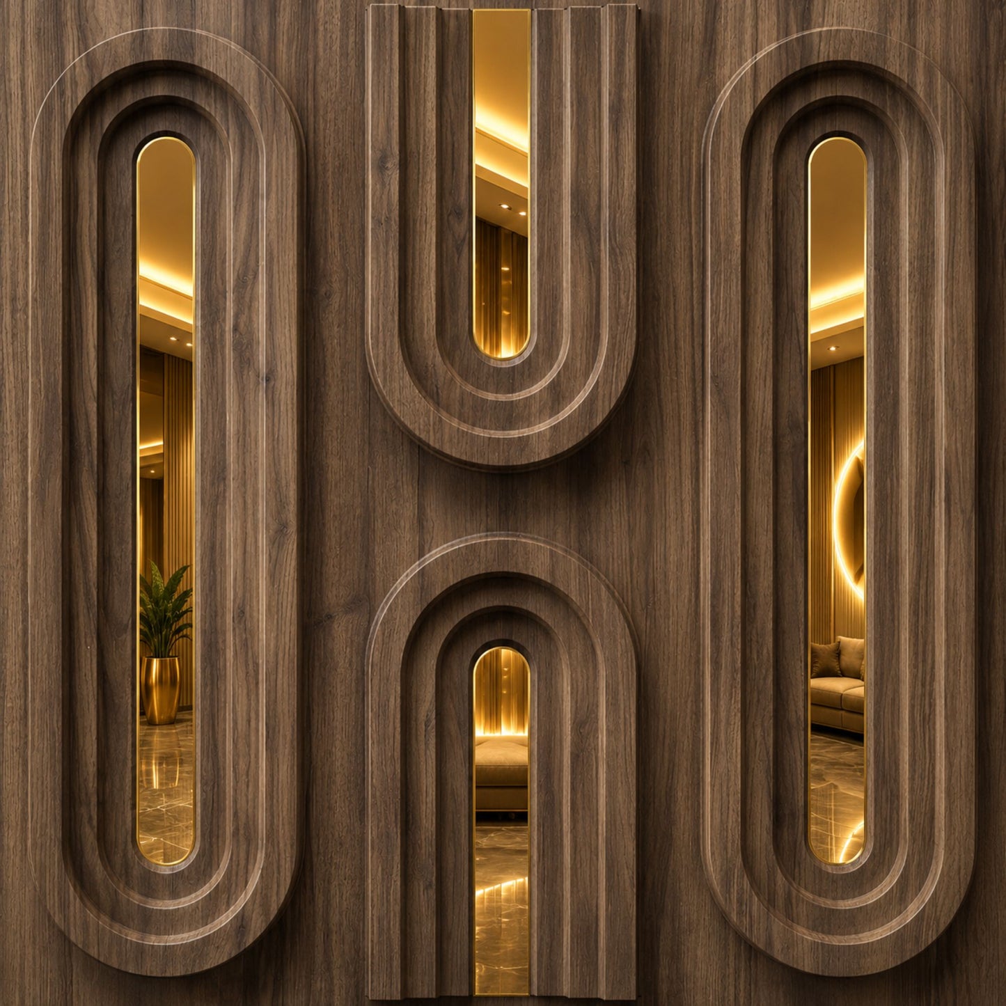 Oak Wood Gold Acrylic Loops Design 3D Wall Panel
