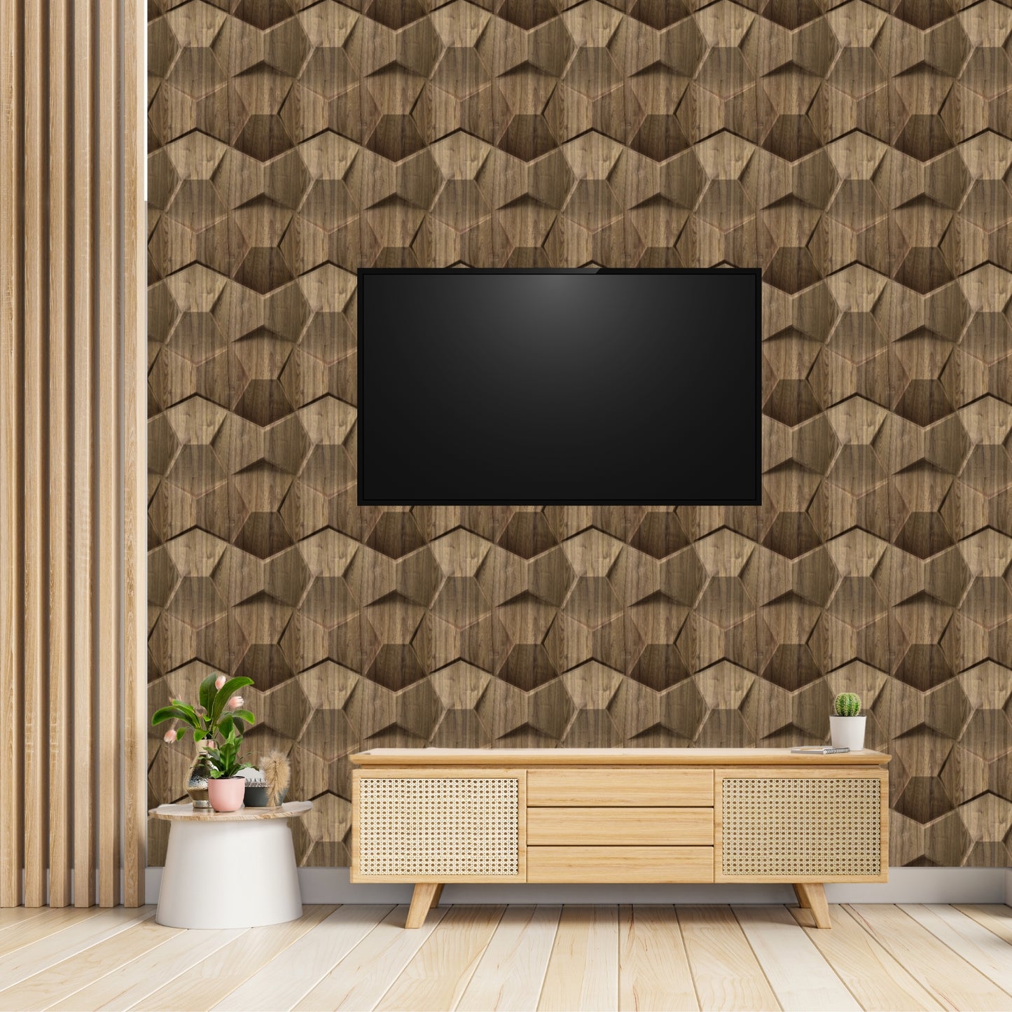 Oak Wood 3D Wall Panels Hexa quarter Design