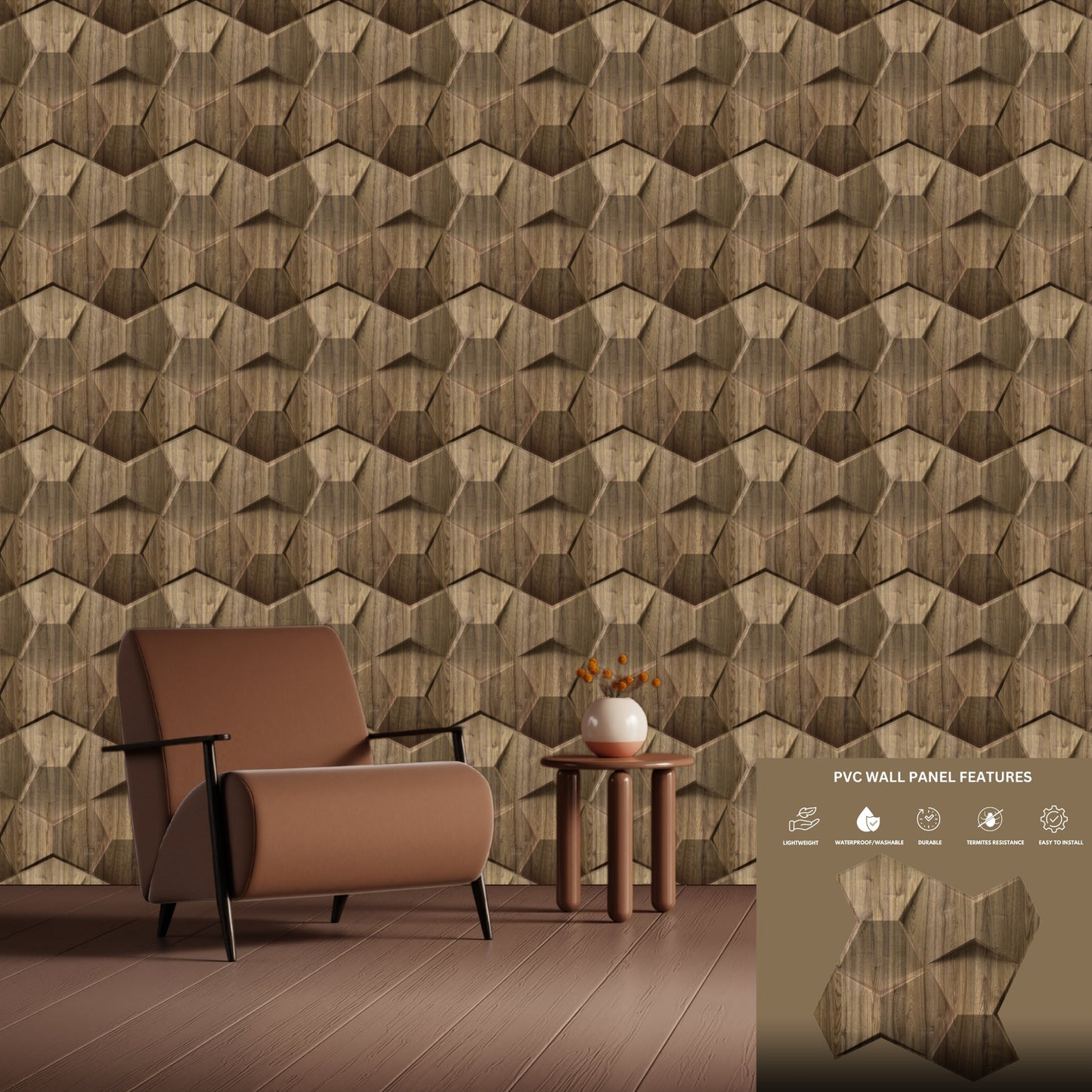 Oak Wood 3D Wall Panels Hexa quarter Design