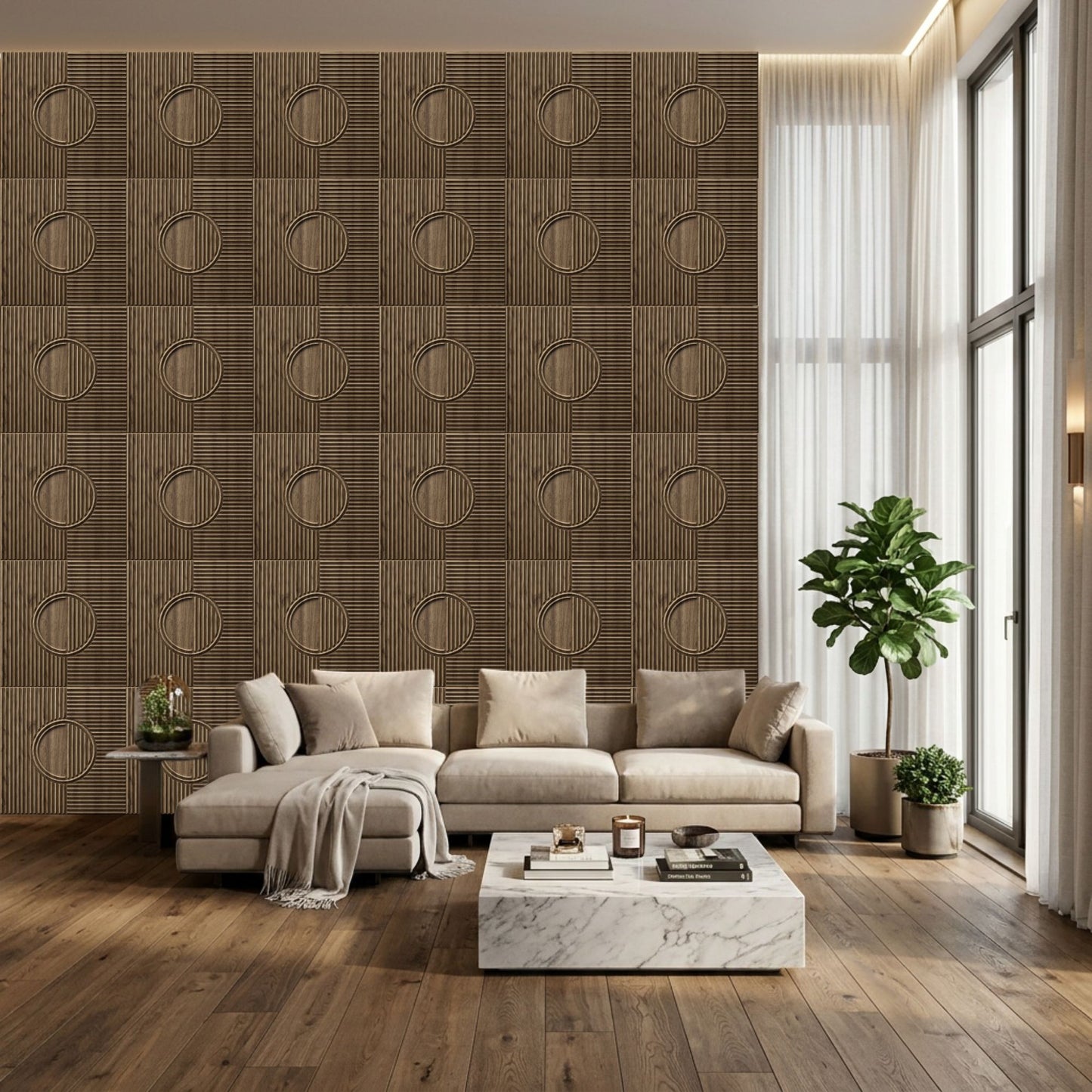 Oak Wood Self Adhesive PVC wall Panels Fluted Circle Design
