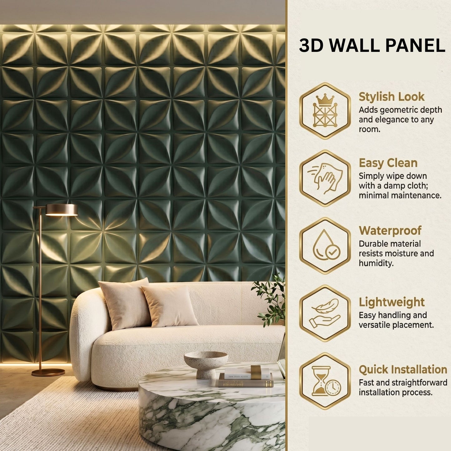 Olive Green Bloom Design 3D Wall Panel View-2