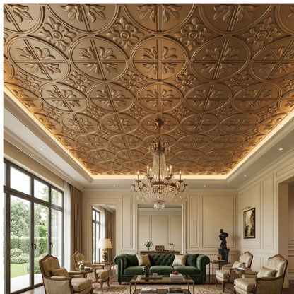 Metallic Coffee Ornamental Floral Design 3D PVC Ceiling Panel Living Room View