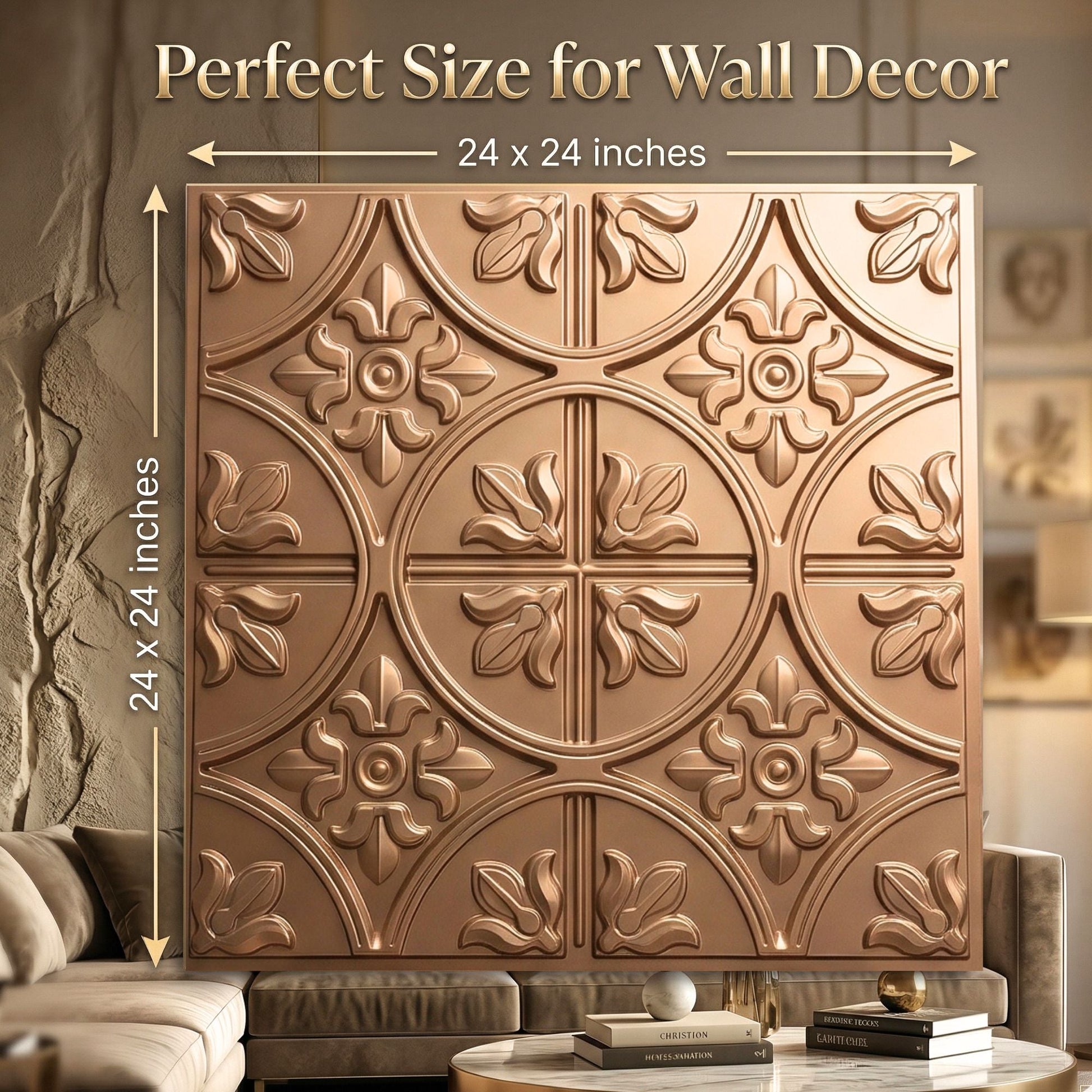 Metallic Coffee Ornamental Floral Design 3D PVC Ceiling Panel Size View
