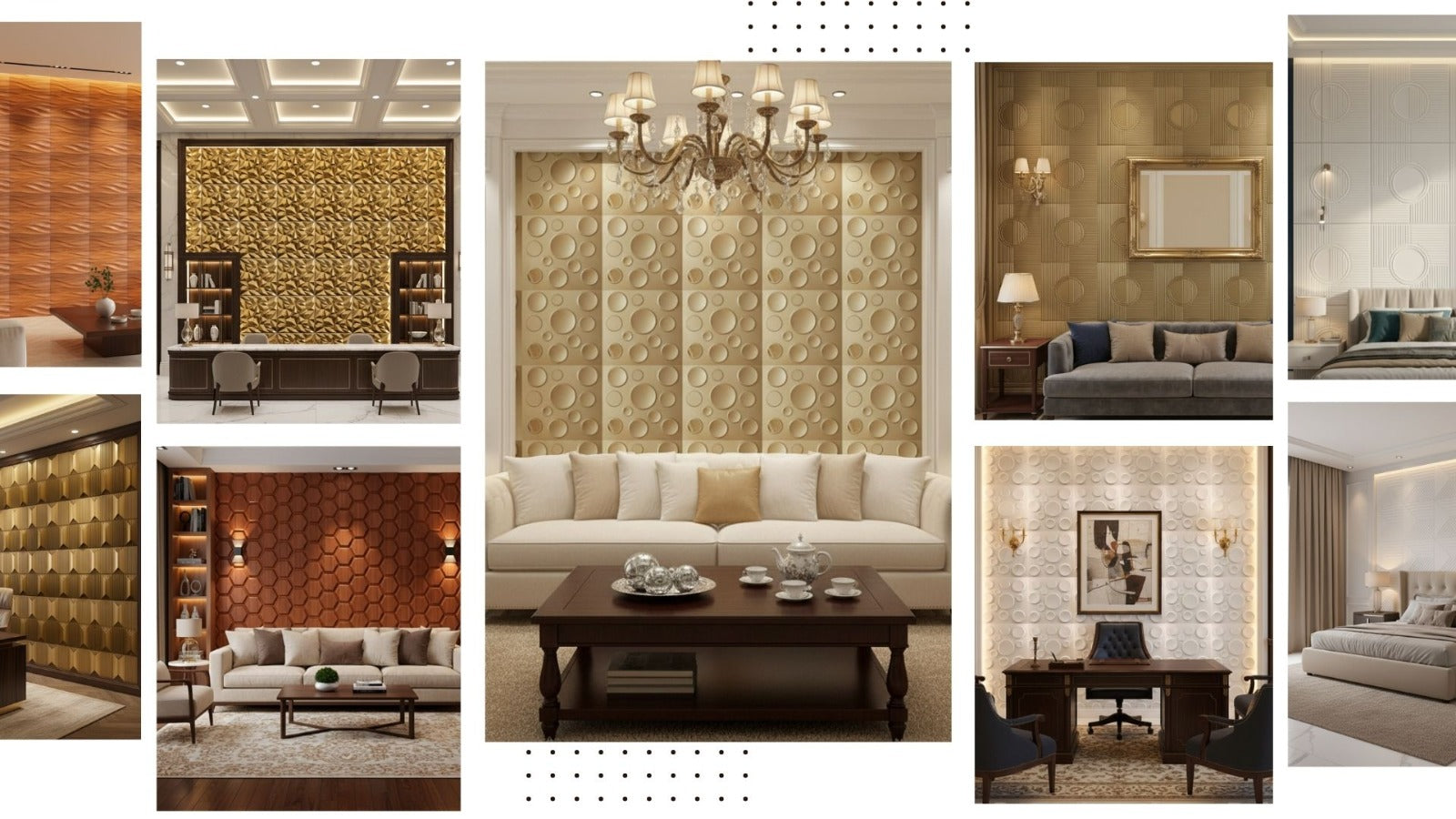 Collage of interior design images featuring living rooms and office spaces with decorative wall panels.