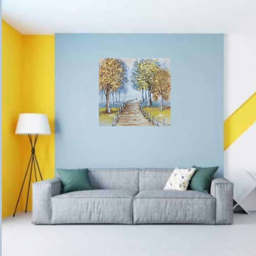 Handmade Embossed Canvas Art Painting With Wooden Frame for Wall Decor, Tree-Lined Road Painting Art, Size - 81 (H) X 81 (W) Cm