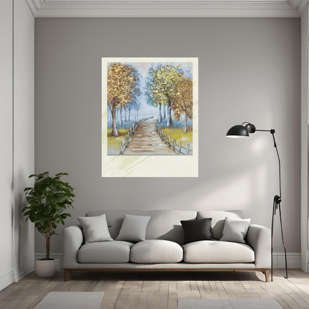 Handmade Embossed Canvas Art Painting With Wooden Frame for Wall Decor, Tree-Lined Road Painting Art, Size - 81 (H) X 81 (W) Cm