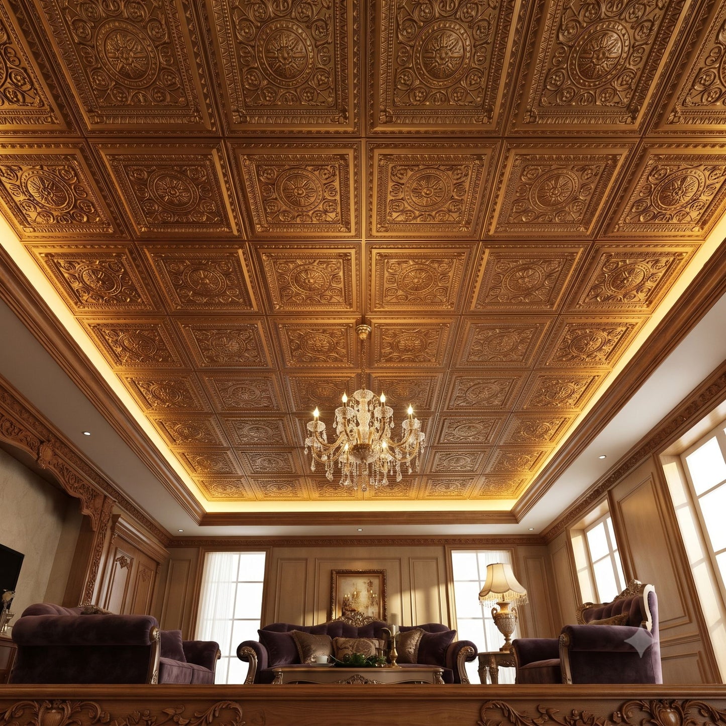 Rajwada Square Design Golden 3D Ceiling Panel-1