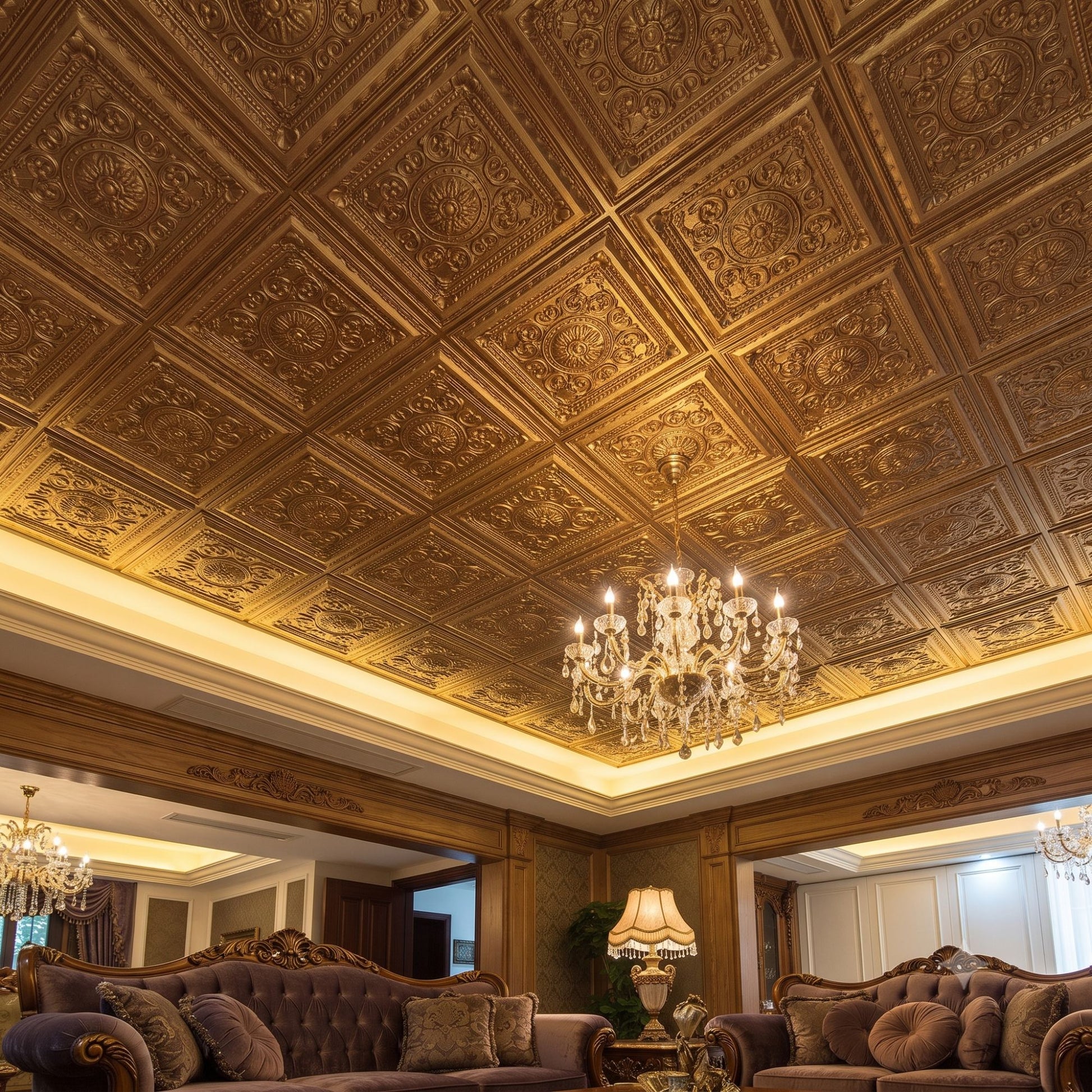Rajwada Square Design Golden 3D Ceiling Panel-2