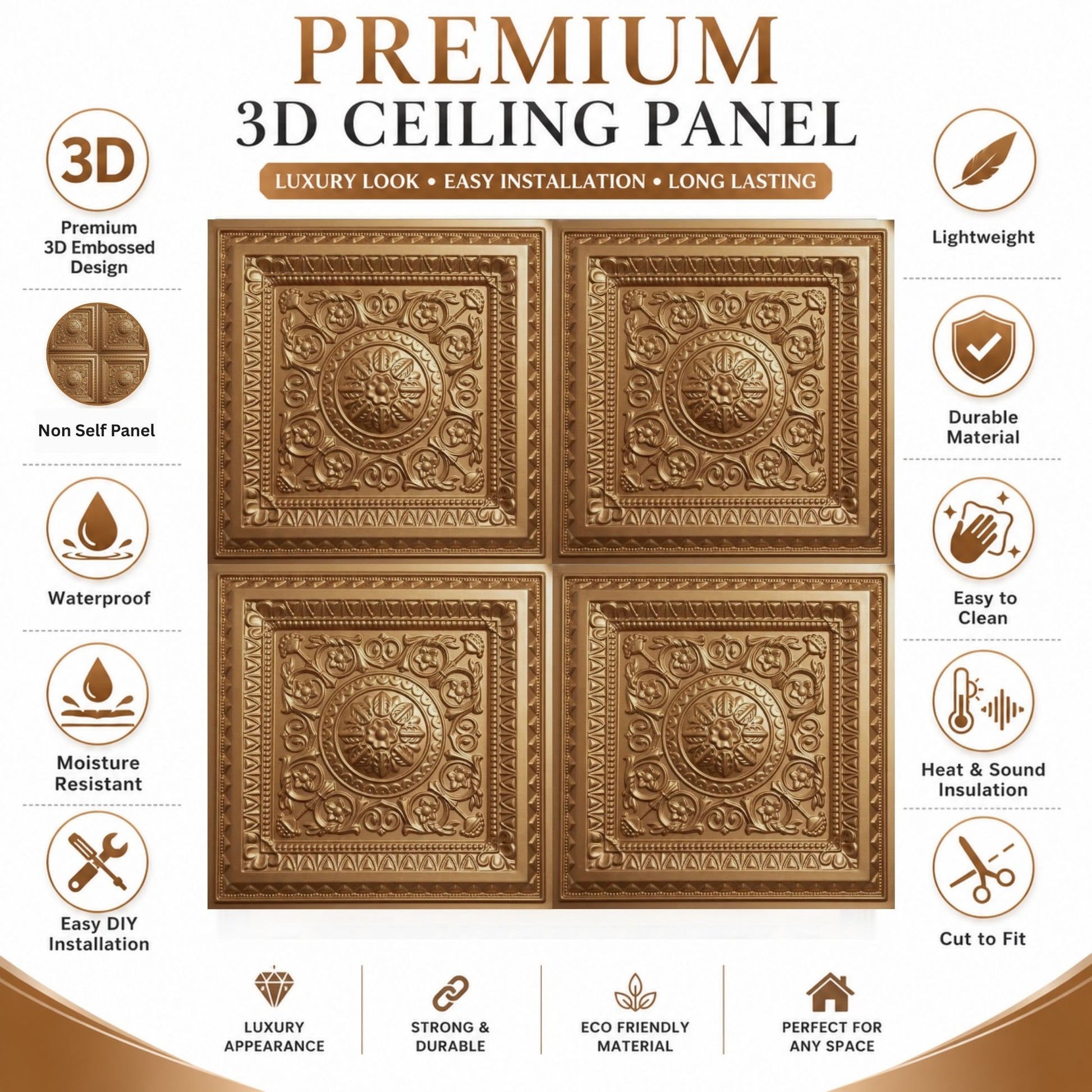 Rajwada Square Design Golden 3D Ceiling Panel-3