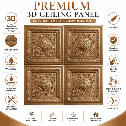 Rajwada Square Design Golden 3D Ceiling Panel-3