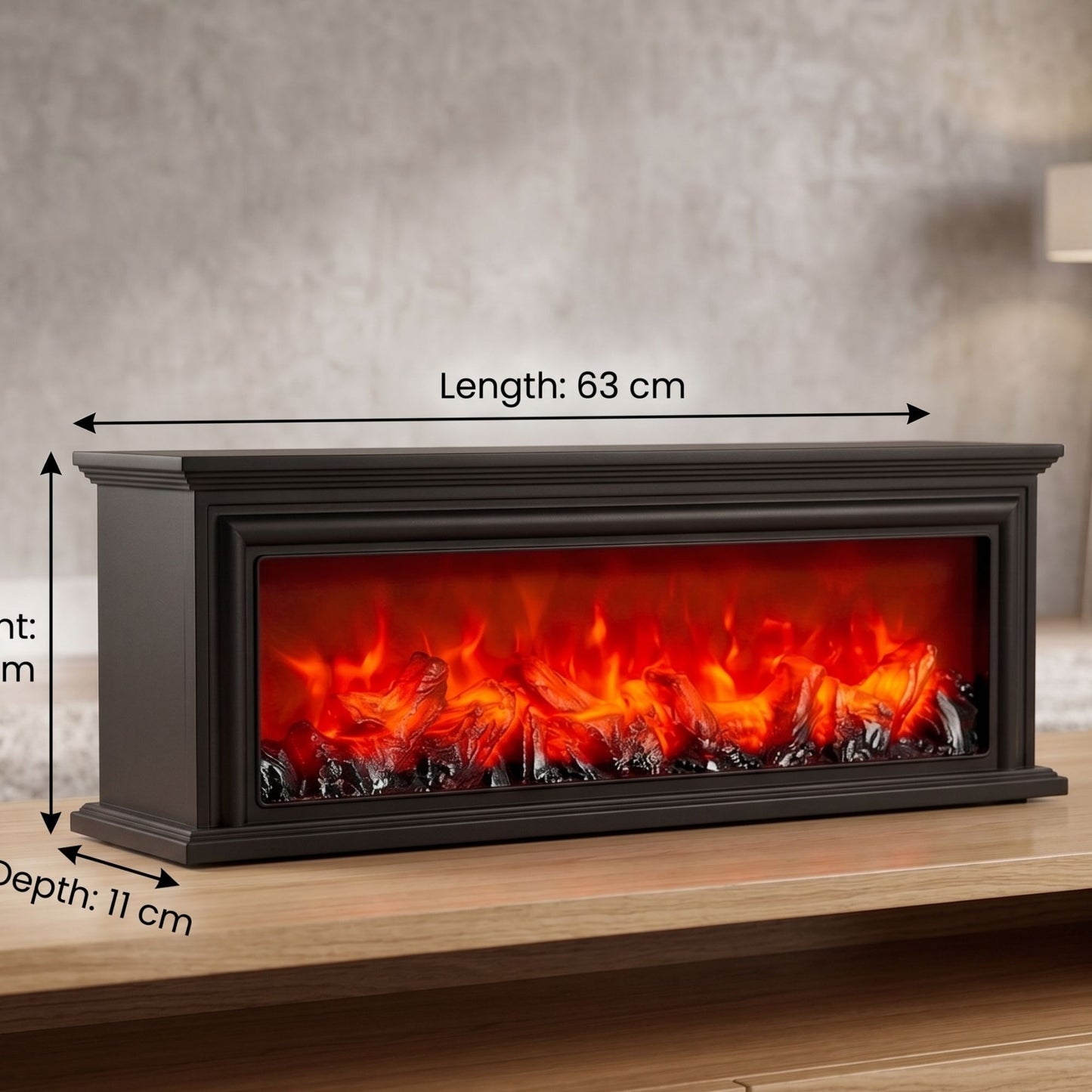 Rectangular dark black framed fireplace lamp featuring a realistic LED glowing flame and burning log effect isolated on a white background.-1
