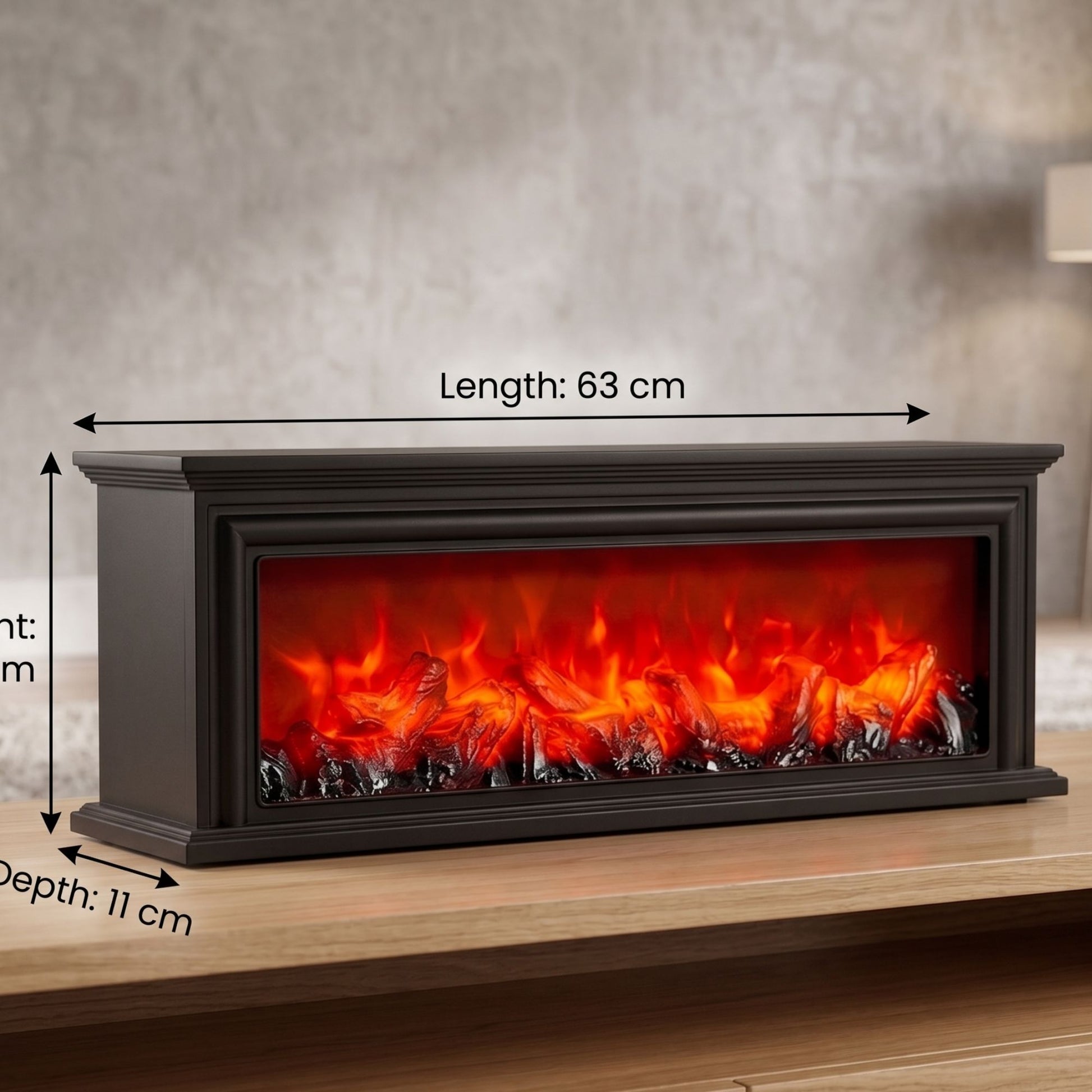 Rectangular dark black framed fireplace lamp featuring a realistic LED glowing flame and burning log effect isolated on a white background.-1
