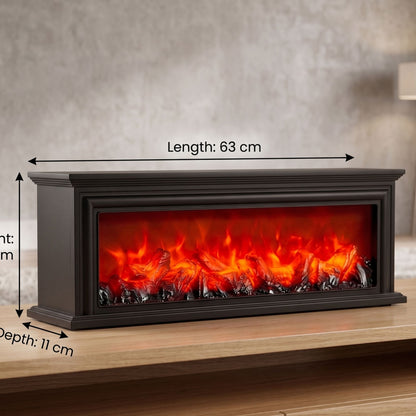 Rectangular dark black framed fireplace lamp featuring a realistic LED glowing flame and burning log effect isolated on a white background.-1