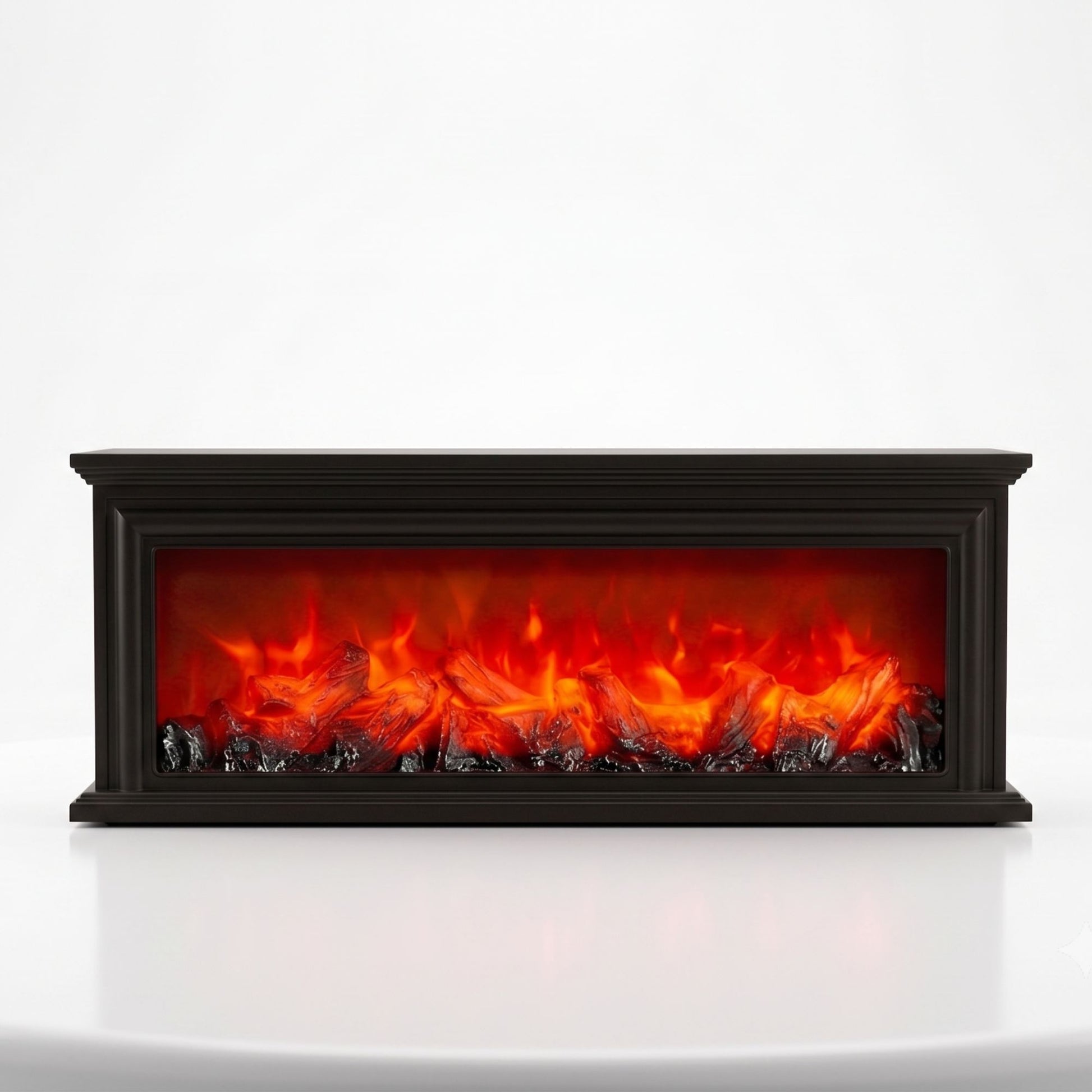 Rectangular dark black framed fireplace lamp featuring a realistic LED glowing flame and burning log effect isolated on a white background.