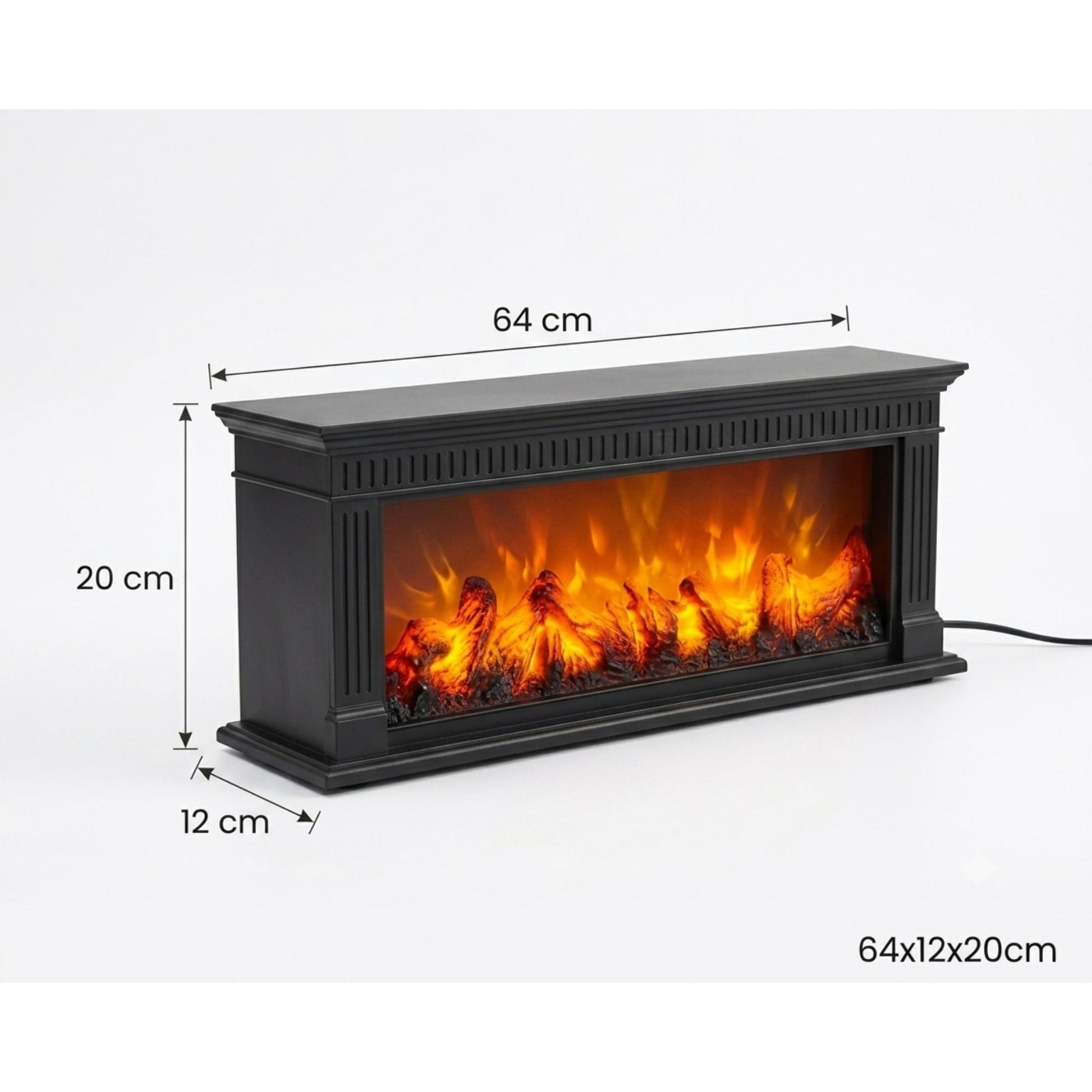 Rectangular vintage black frame fireplace lamp displaying realistic LED flame and glowing wood log effect on a wooden table.-1