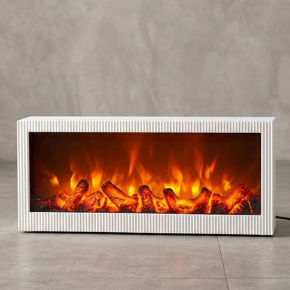 Rectangular white fluted frame featuring realistic LED flame effect with burning logs for tabletop home decor.-1