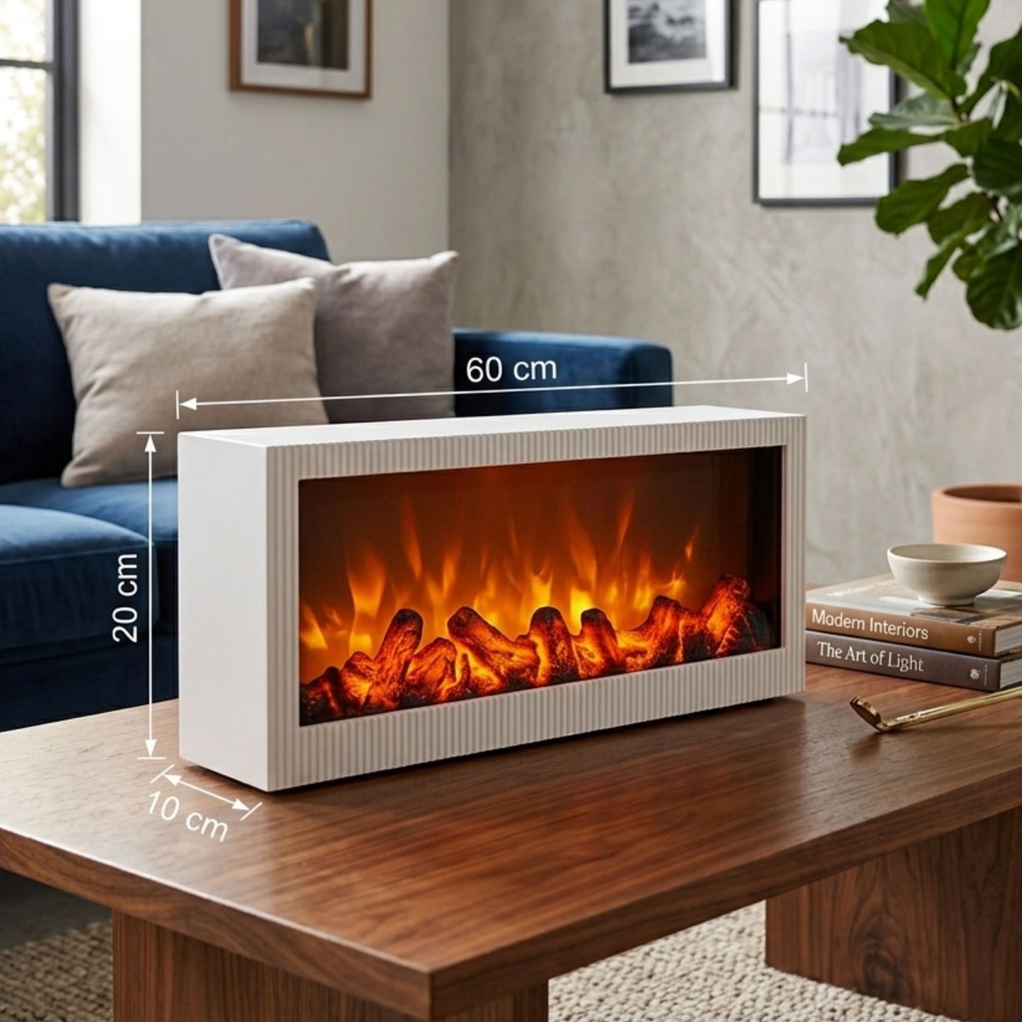 Rectangular white fluted frame featuring realistic LED flame effect with burning logs for tabletop home decor.