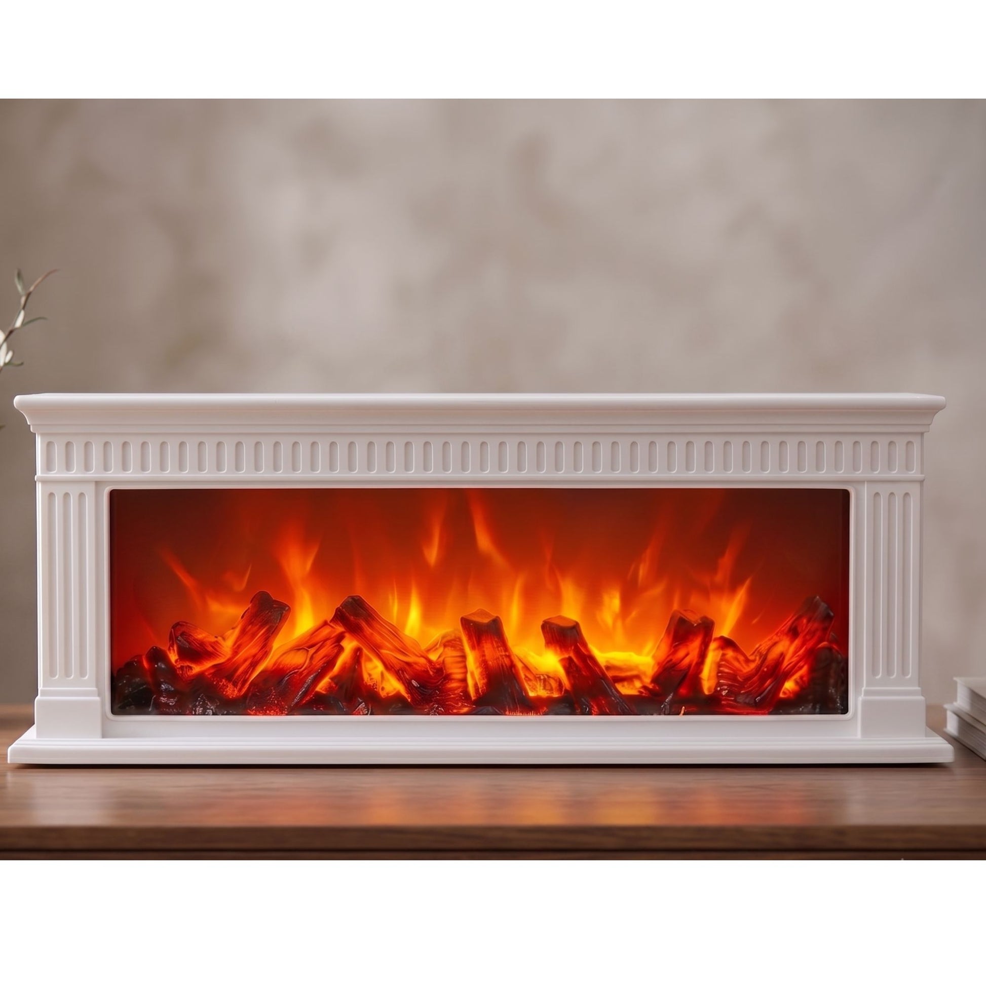 Rectangular white vintage pillar style fireplace lantern displaying realistic LED glowing fire flame effect with logs.