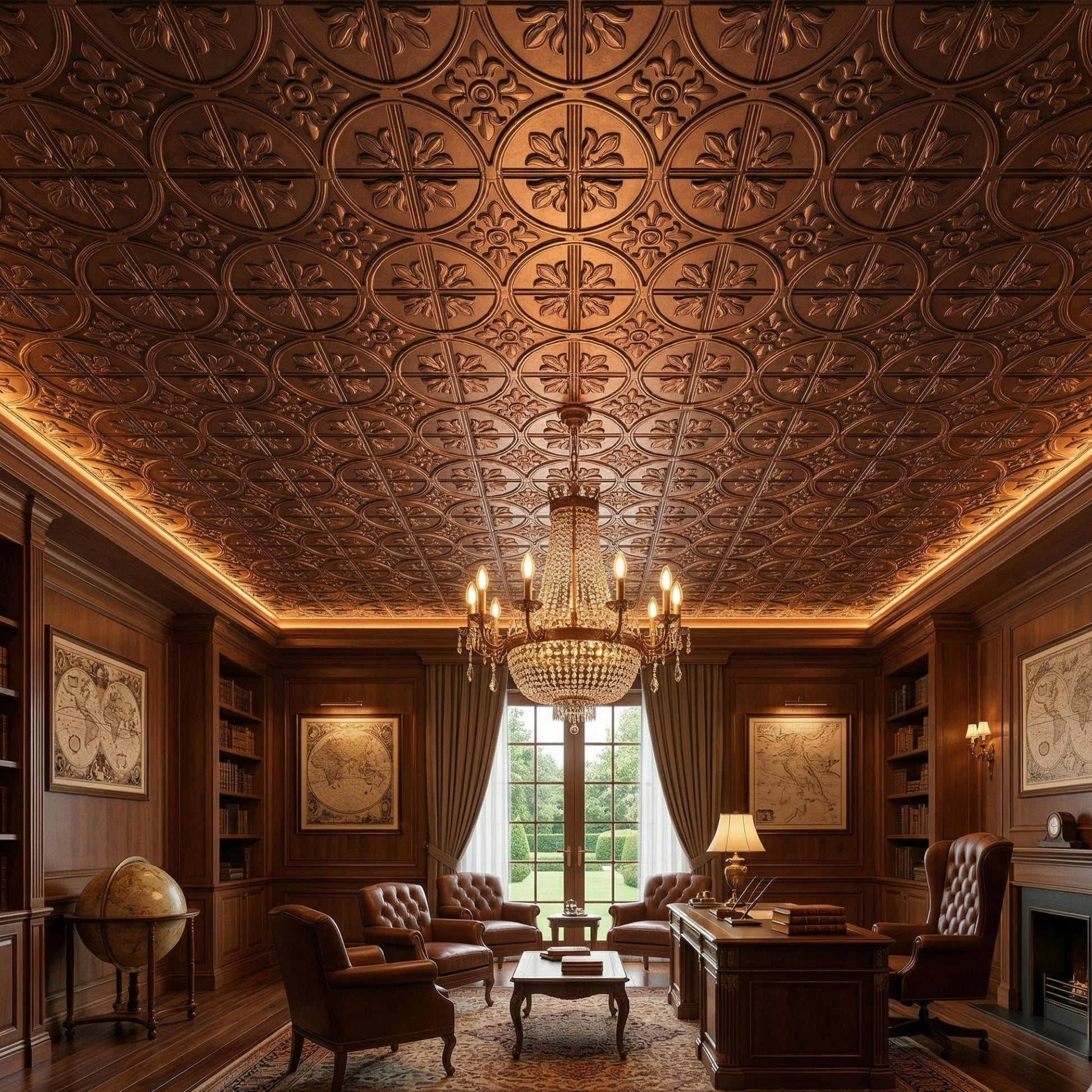 Red Copper Ornamental Floral  Design 3D PVC Ceiling Panel Living Room view