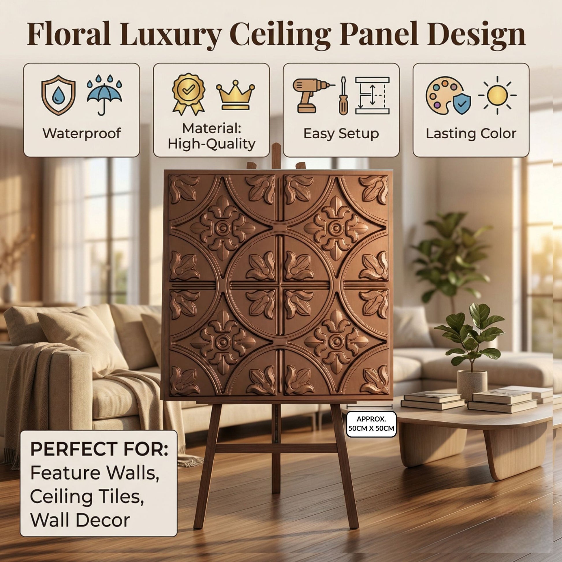 Red Copper Ornamental Floral Design 3D PVC Ceiling Panel Red Copper Features View