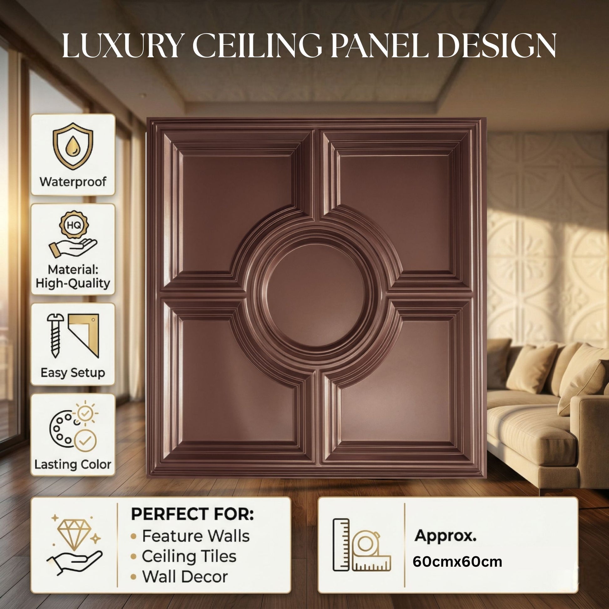Red Copper Regal Medallion Design 3D PVC Ceiling Panel  Feature View