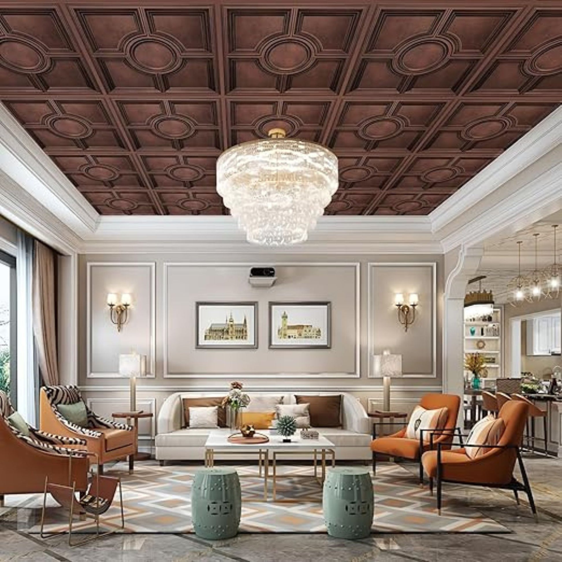 Red Copper Regal Medallion Design 3D PVC Ceiling Panel Living Room View