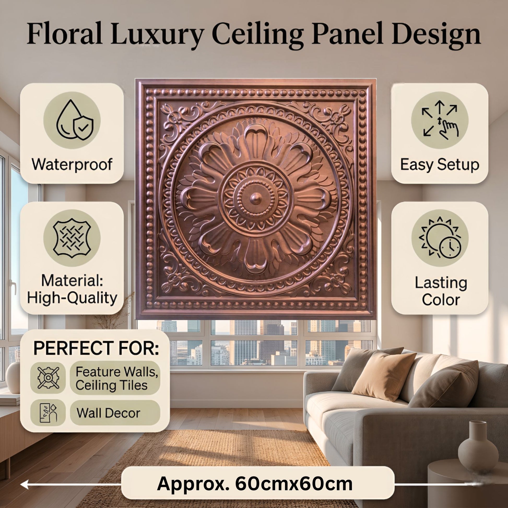 Red Copper Regal Ornate Design 3D PVC Ceiling Panel Features View