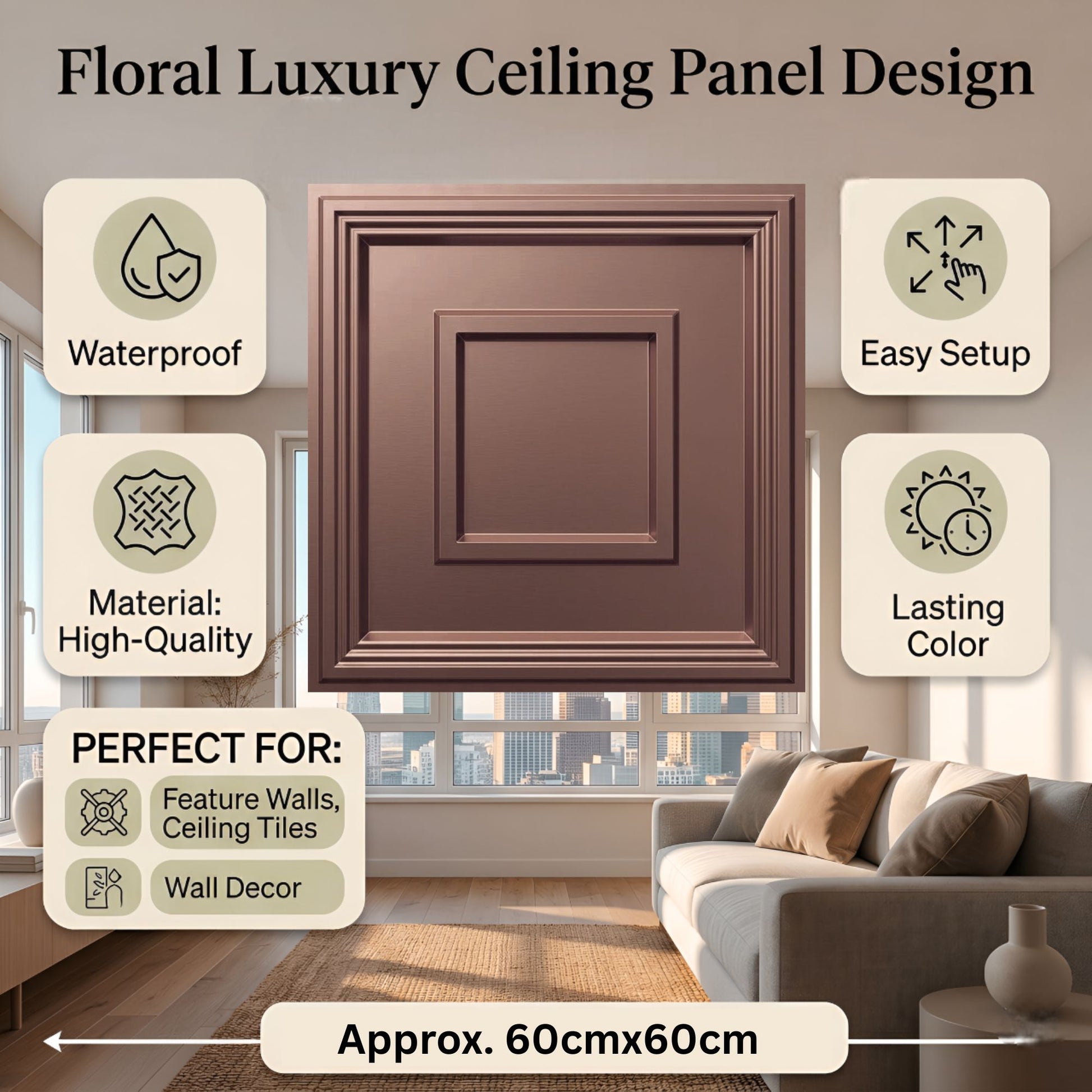 Red Copper Regal Ornate Design 3D PVC Ceiling Panel Features View