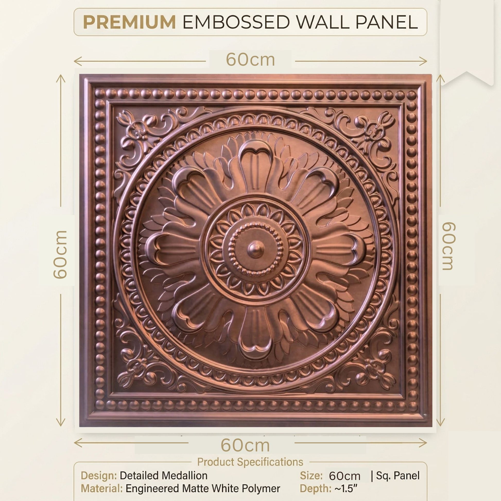 Red Copper Regal Ornate Design 3D PVC Ceiling Panel Measurement View