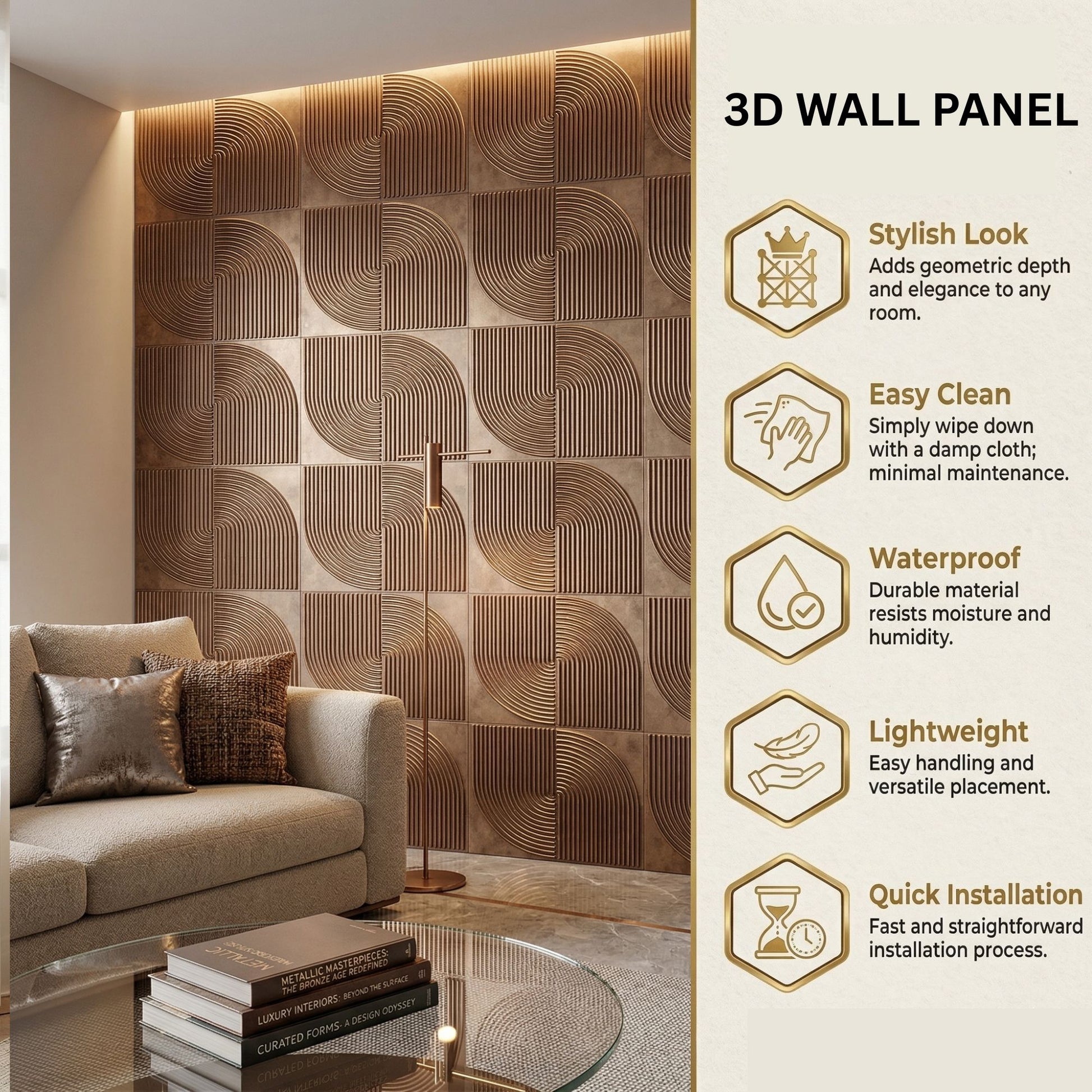Gold Copper Self Adhesive 3D Panels Curve Design