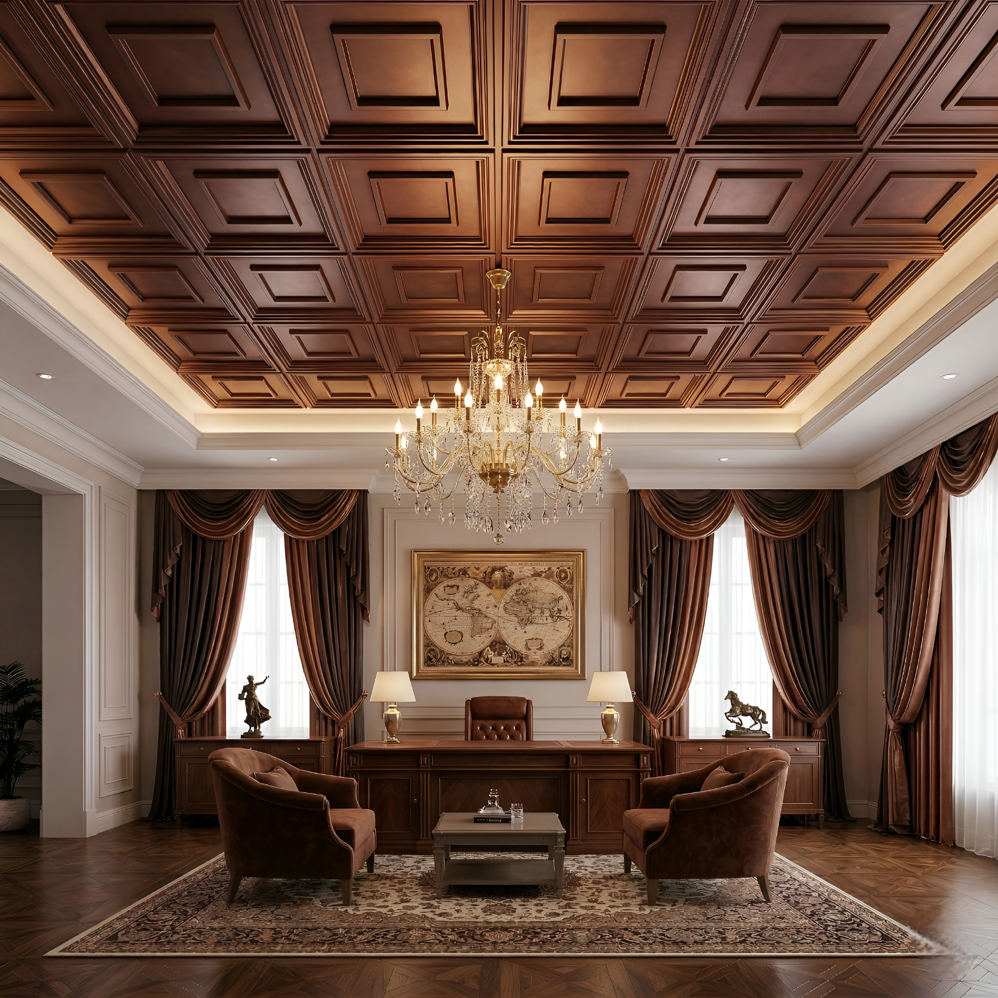 Red Copper Square Design 3D PVC Ceiling Panel Living Room View