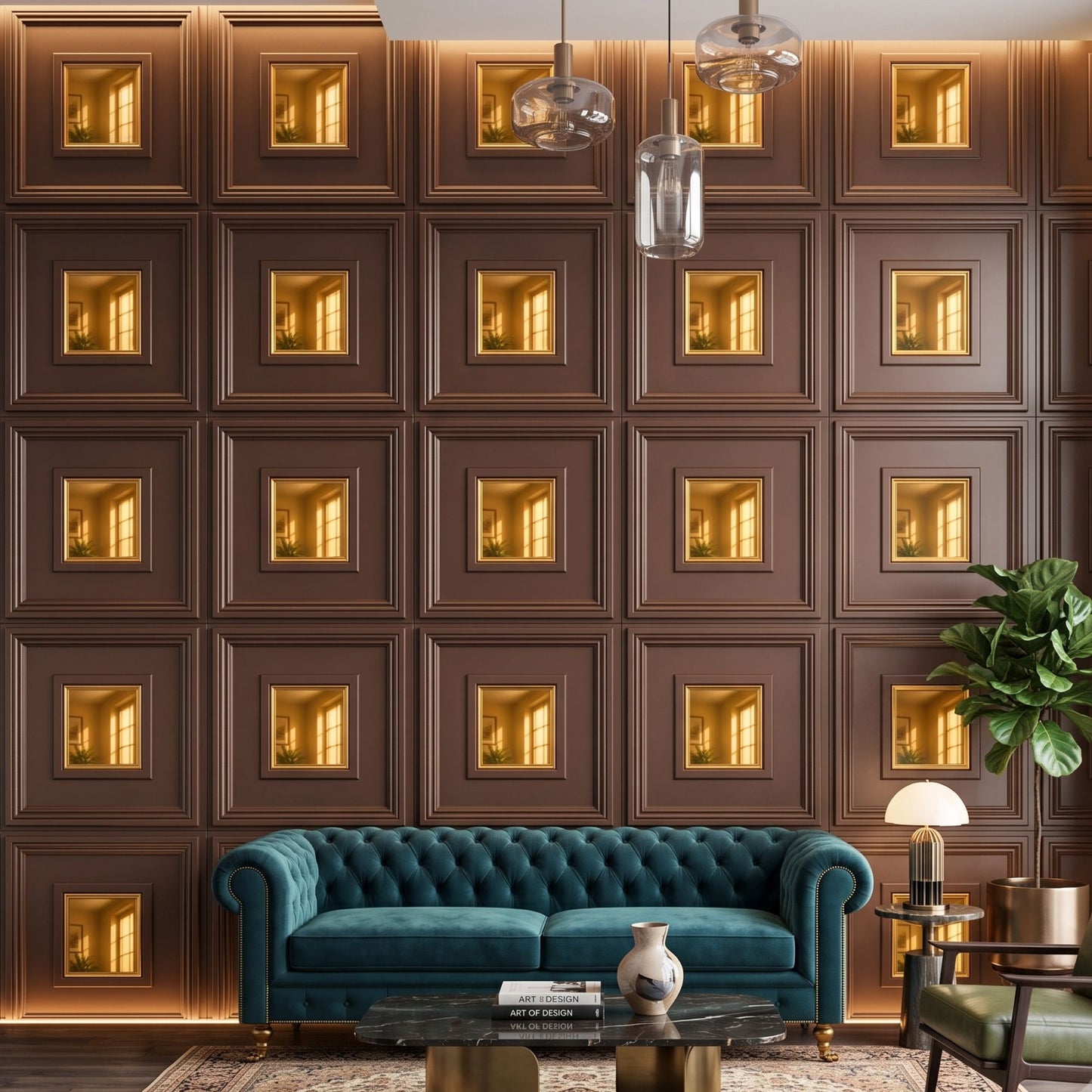 Red Copper Square Design Mirror 3D Wall Panel -1