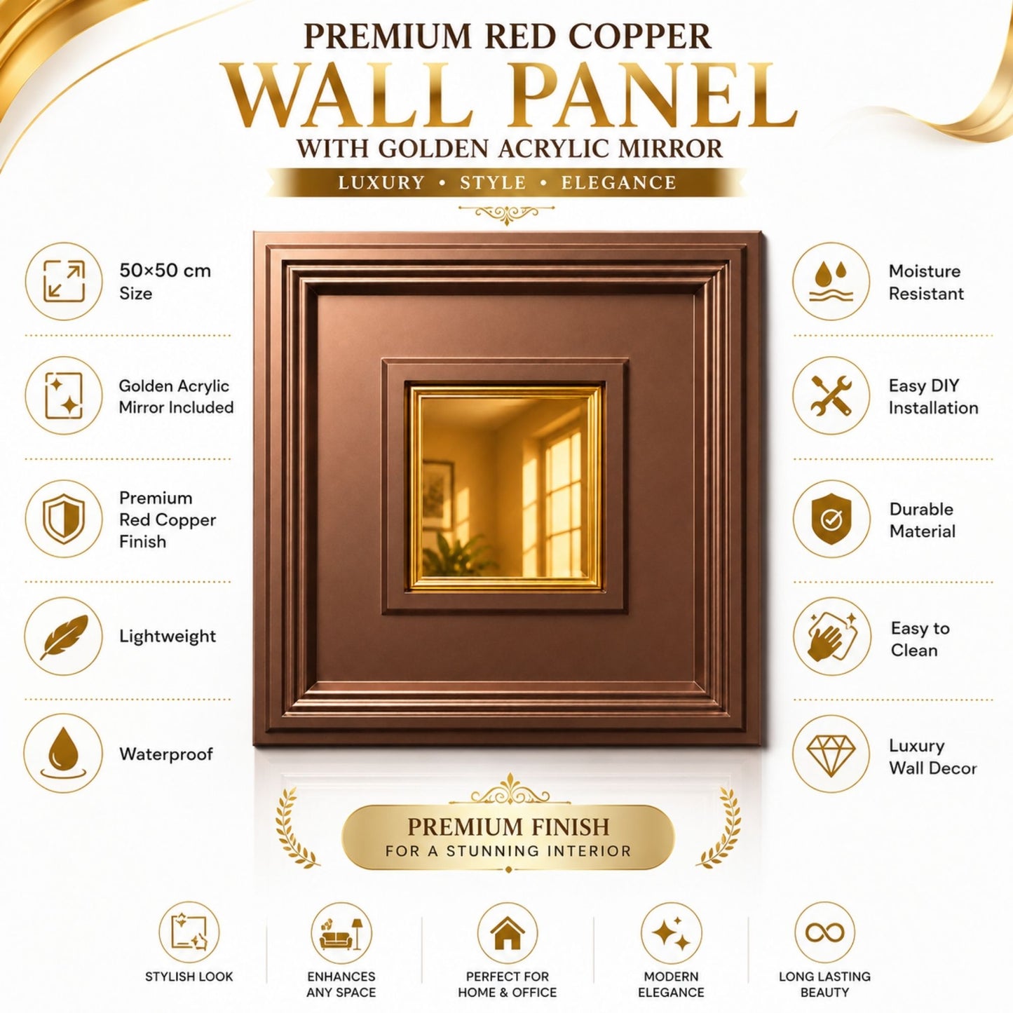 Red Copper Square Design Mirror 3D Wall Panel -2