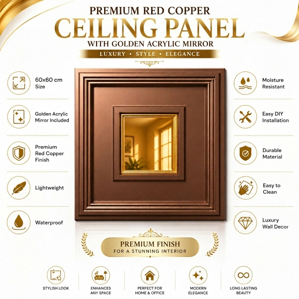 Red Copper Square Design Mirror 3D Wall Panel -3