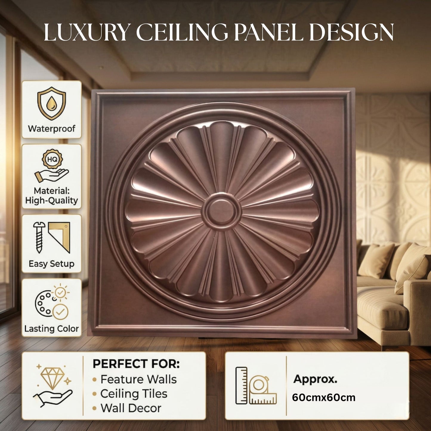 Red Copper Sunburst Design 3D PVC Ceiling Panel Features View
