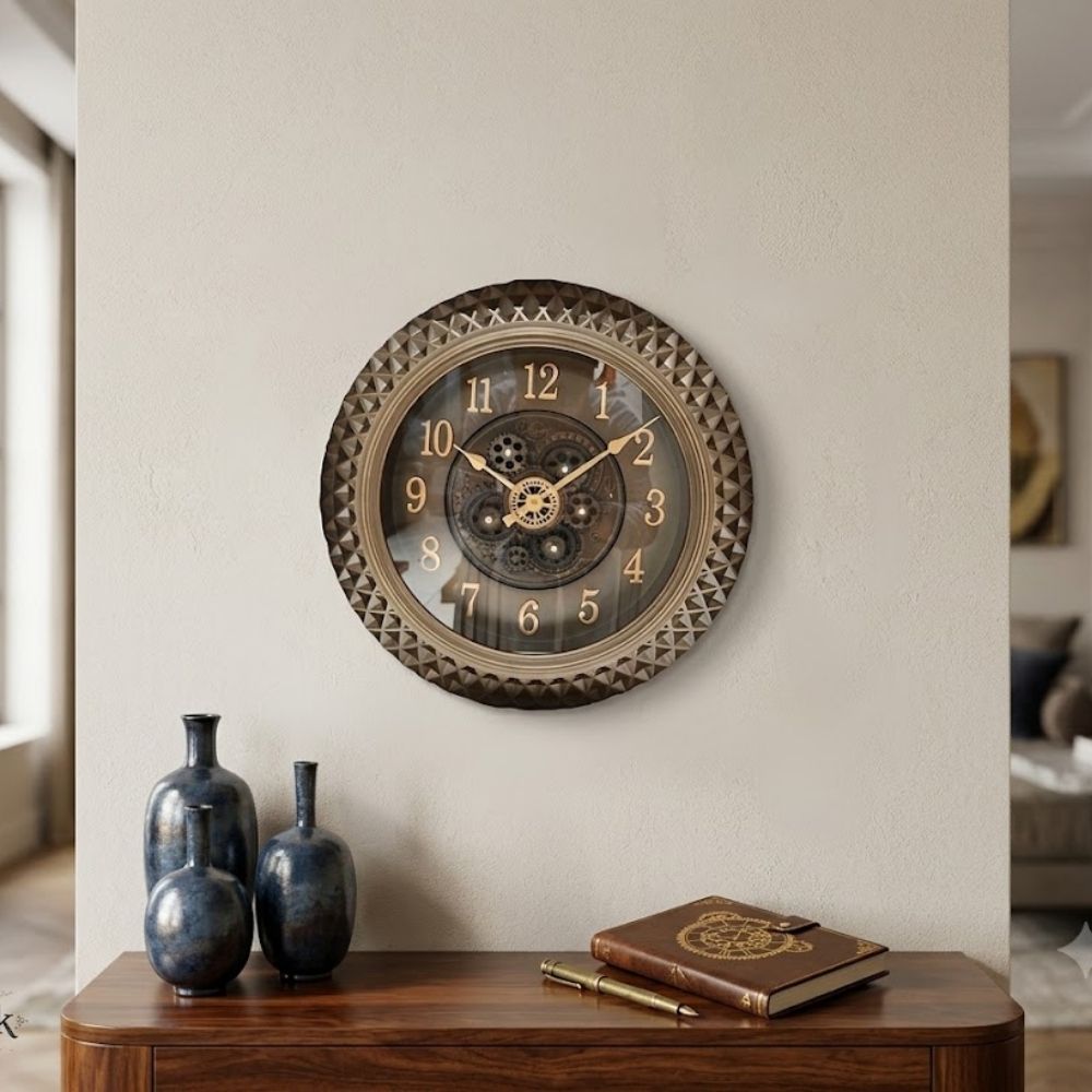 Round antique wall clock featuring a carved textured bronze frame, beige numbers, and visible central dark gears.