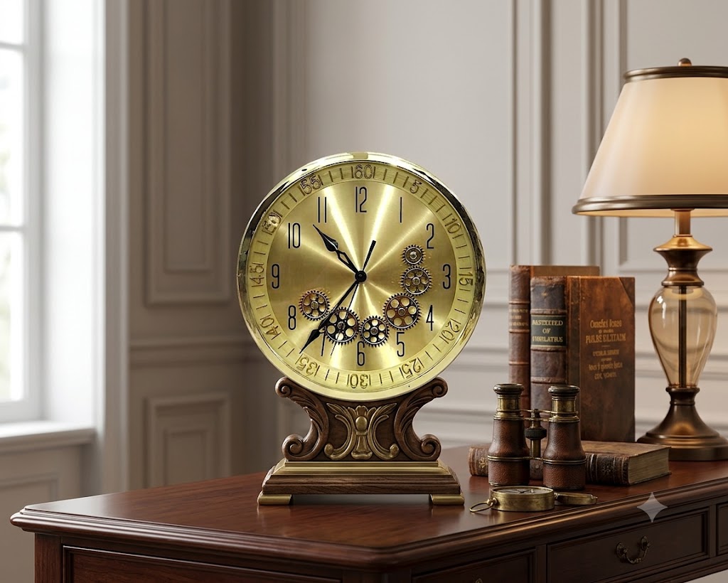 Round golden wall clock with visible vintage mechanical gears on dial.