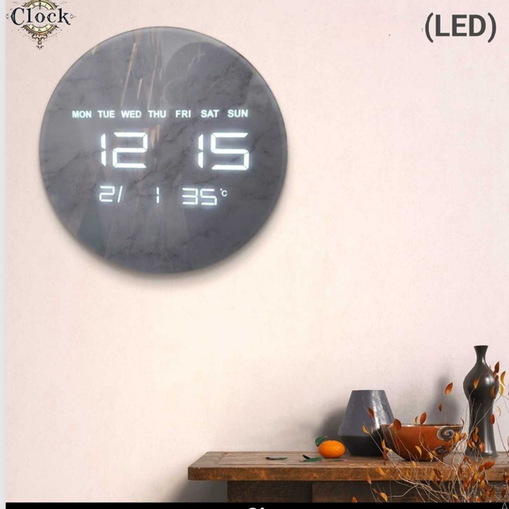 Round grey marble textured wall clock with LED digital display showing time, day of the week, date, and temperature.