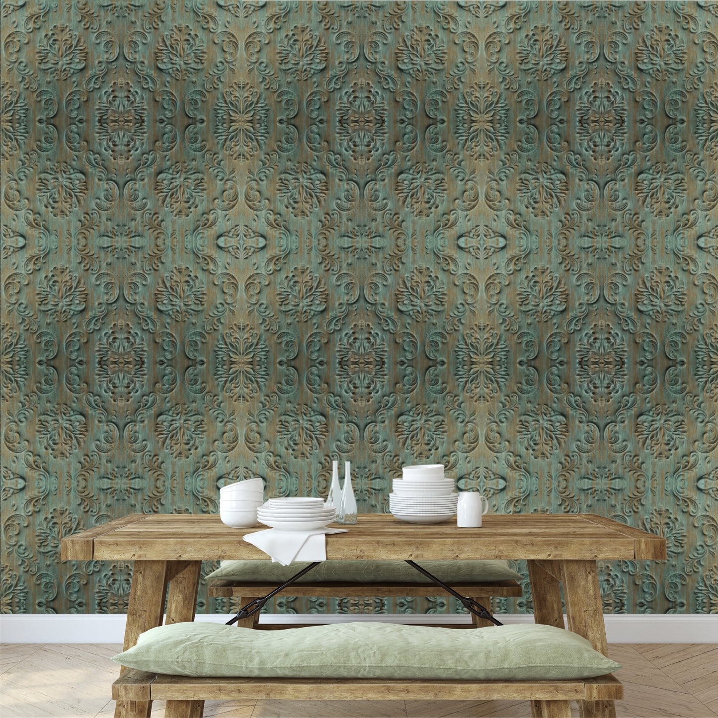 Rustic Wood Self Adhesive Panels Damask Design
