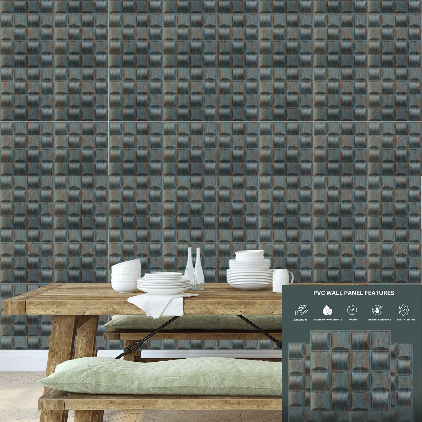 Rustic Wood Block Design 3D Wall Panel View-2