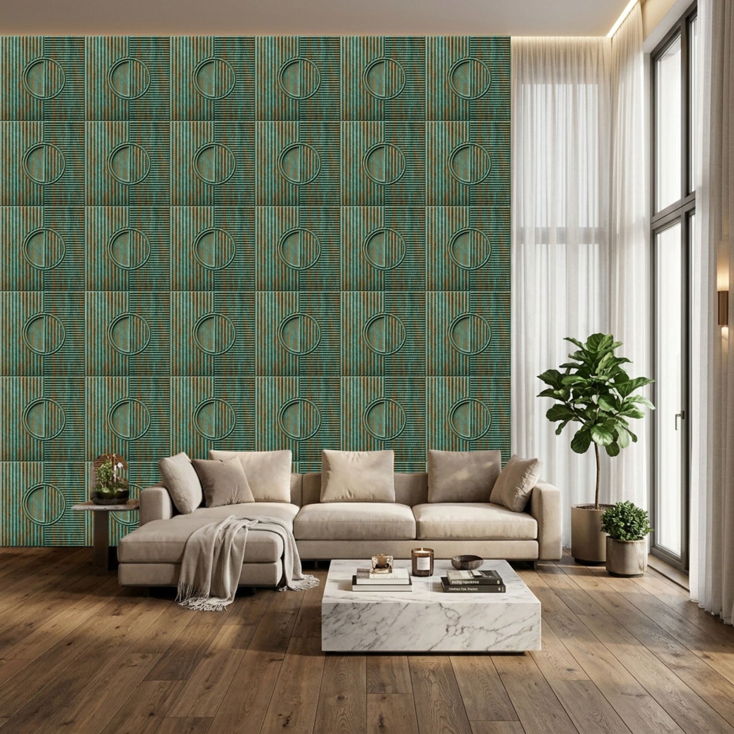 Rustic Wood Self Adhesive PVC wall Panels Fluted Circle Design
