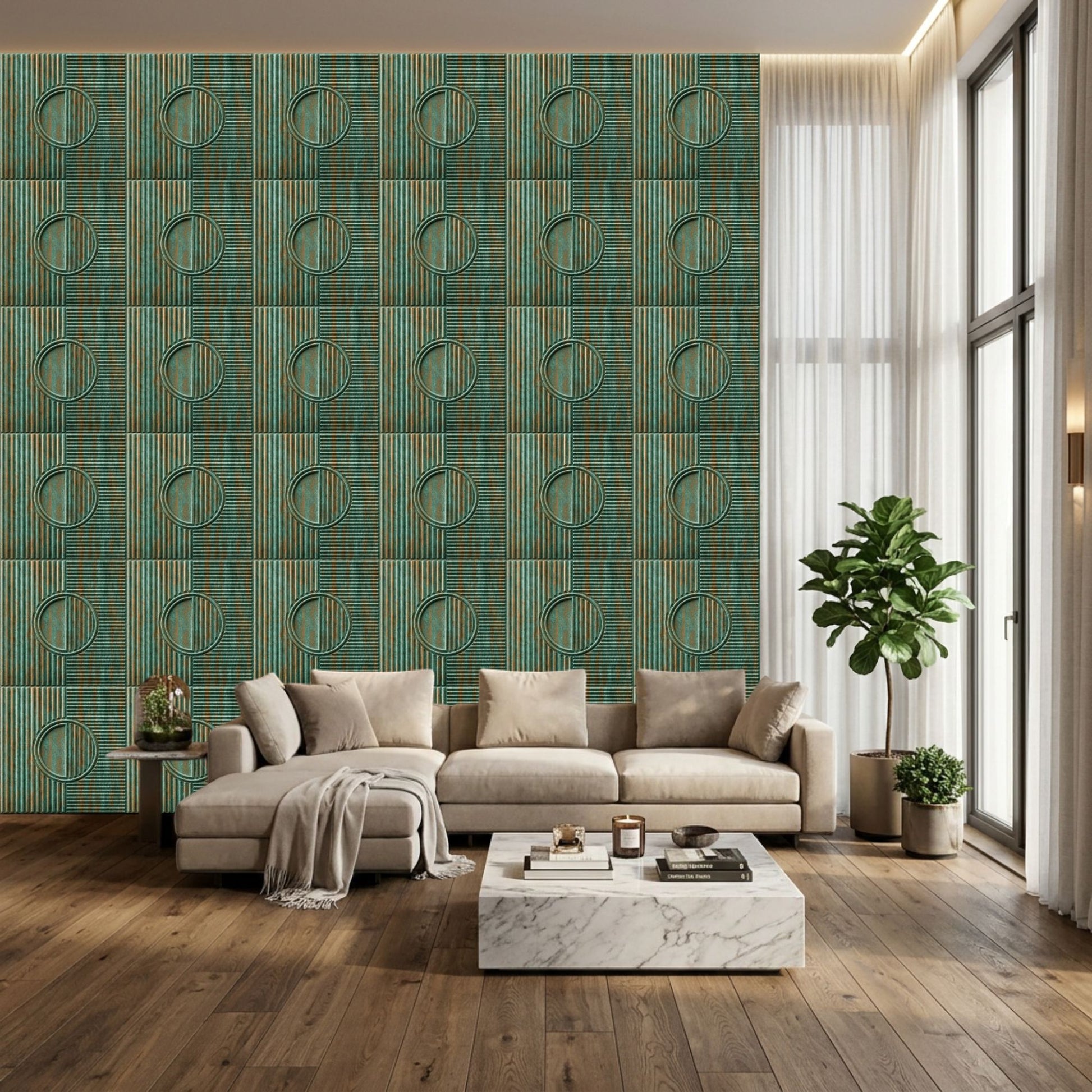 Rustic Wood Self Adhesive PVC wall Panels Fluted Circle Design
