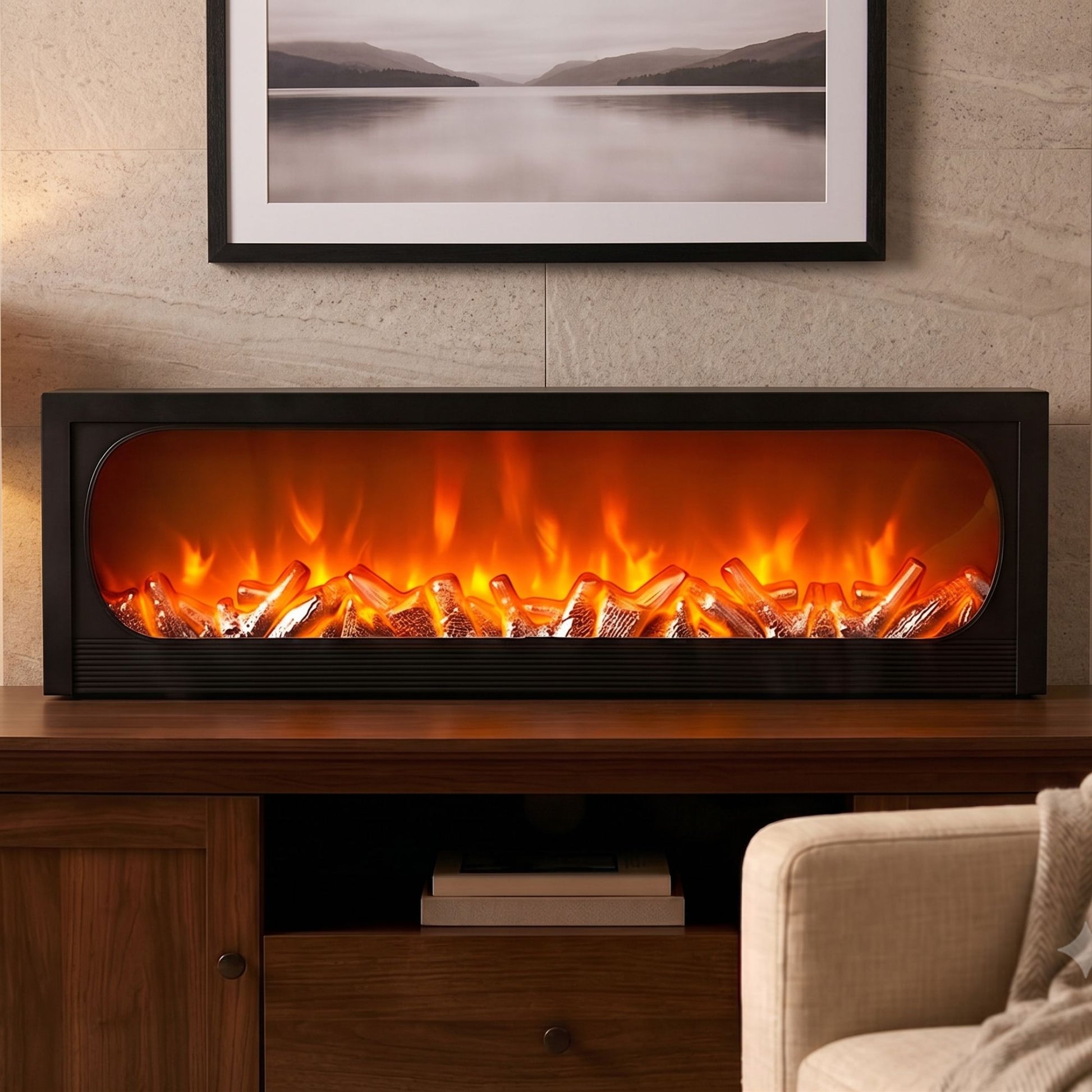 Sleek rectangular black fireplace lamp with a rounded oval glass window, showcasing warm glowing orange LED flames and logs on a wooden cabinet.