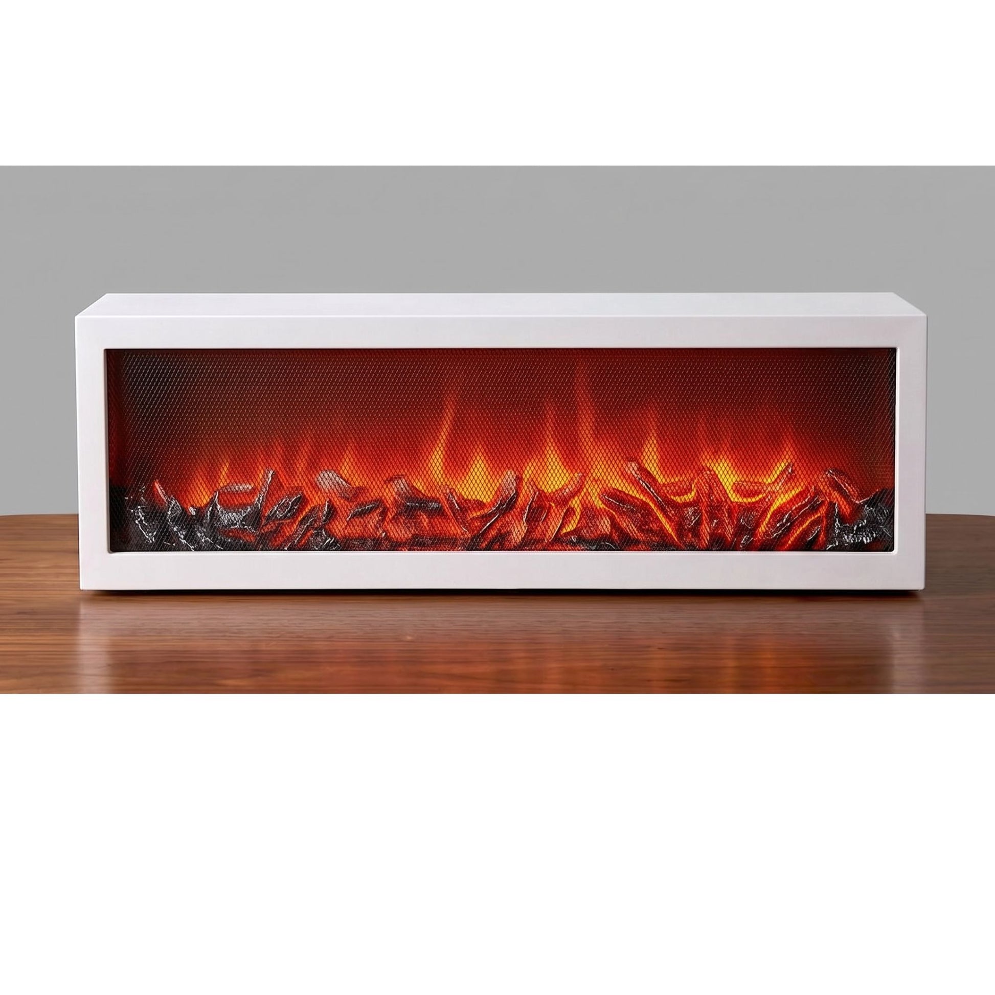 Sleek rectangular white frame fireplace lamp with a dark mesh front, showing realistic glowing red LED flames and wood logs on a wooden surface.