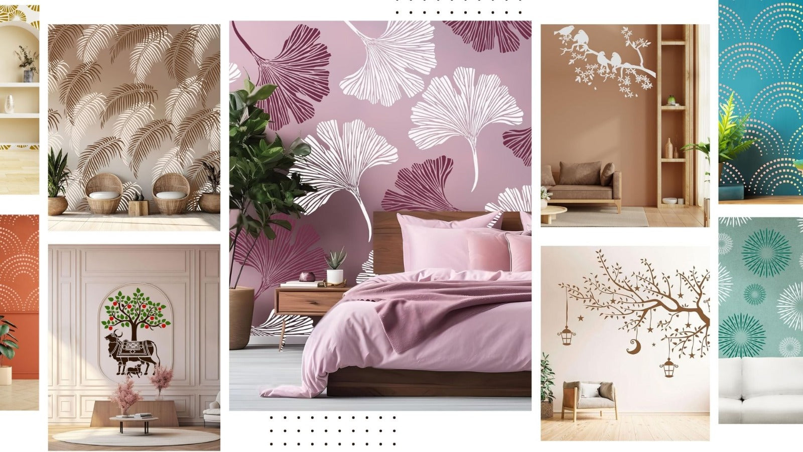 Collage of various wall decors including floral, abstract, and nature-themed designs.