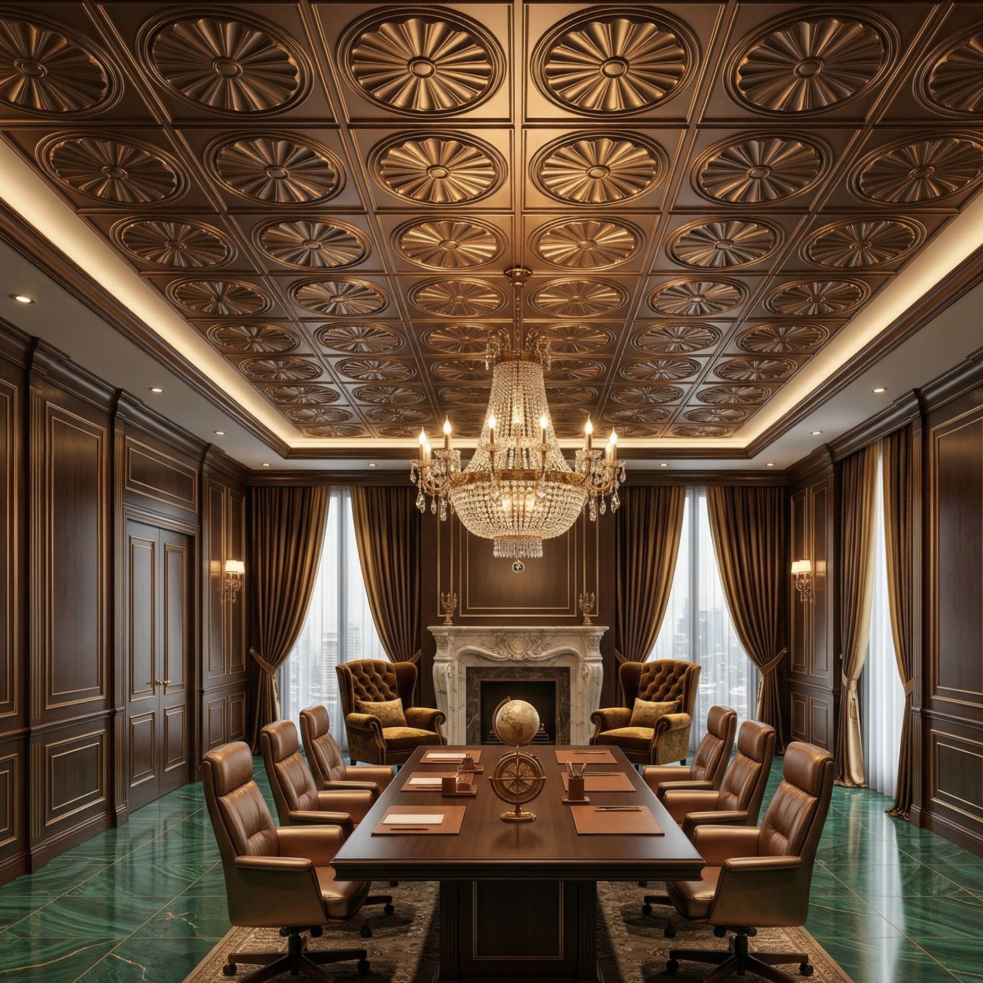 Metallic Coffee Sunburst Design 3D PVC Ceiling Panel Dining Room