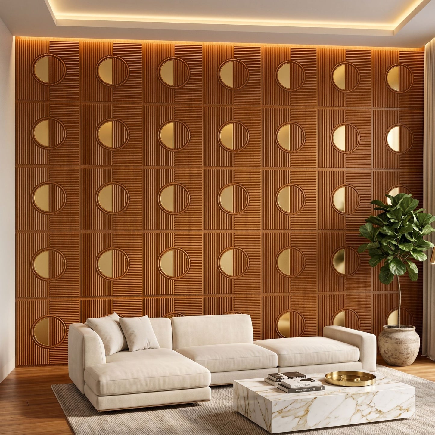 Teak Wood - Gold Self Adhesive PVC wall Panels Fluted Circle Design
