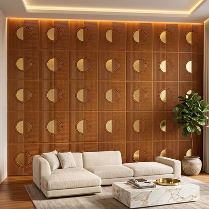 Teak Wood - Gold Self Adhesive PVC wall Panels Fluted Circle Design
