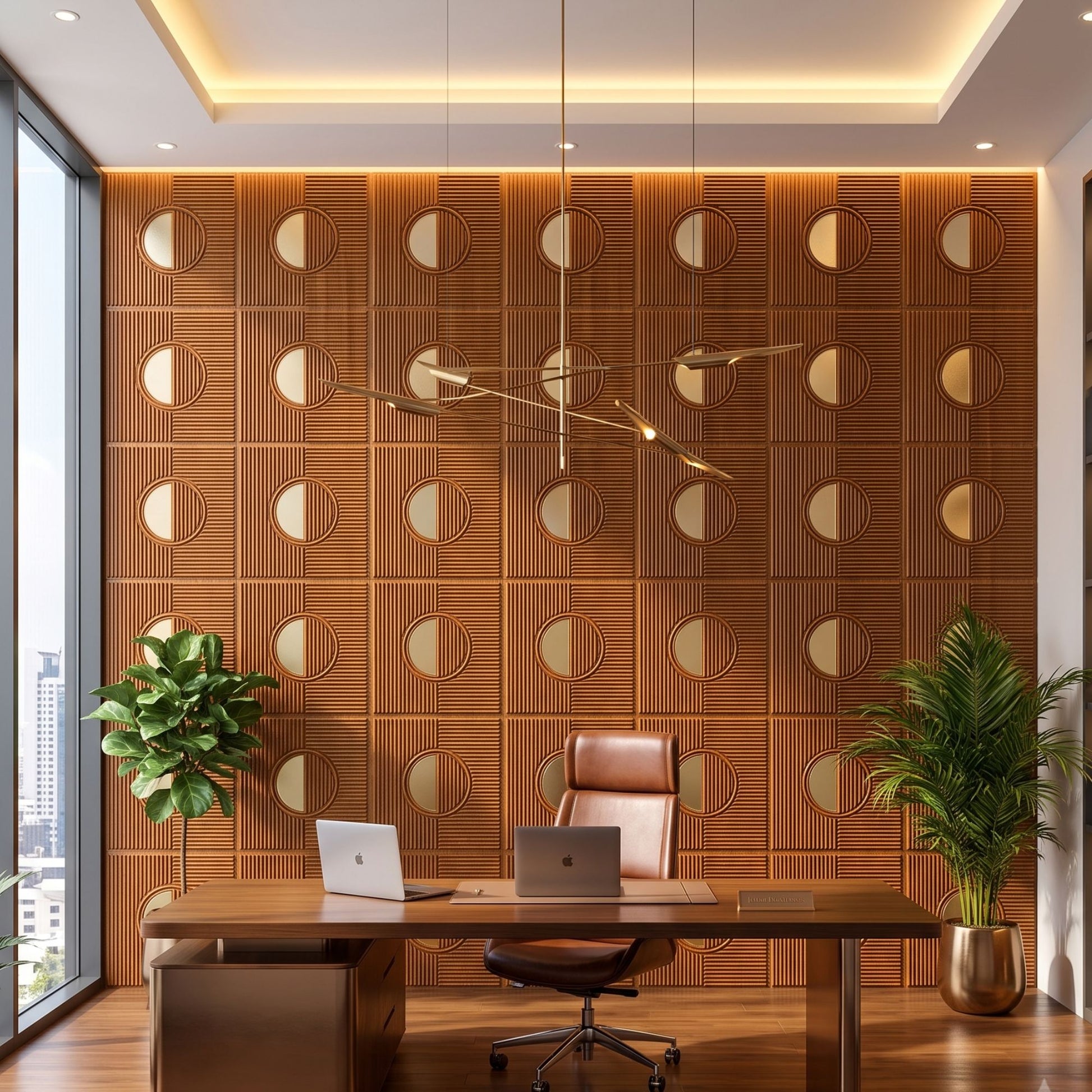 Teak Wood - Gold Self Adhesive PVC wall Panels Fluted Circle Design
